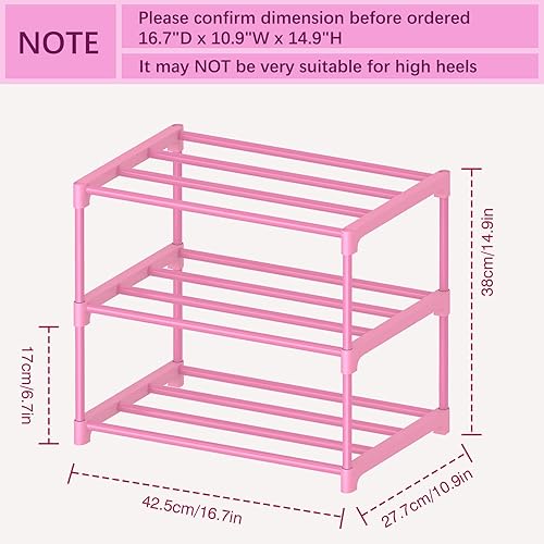 Miniatura 3 de Zapatero rosa de 3 niveles para armario de mujeresniñasniños, pequeño almacenamiento de zapatos para 5-7 pares, organizador de zapatos ligero