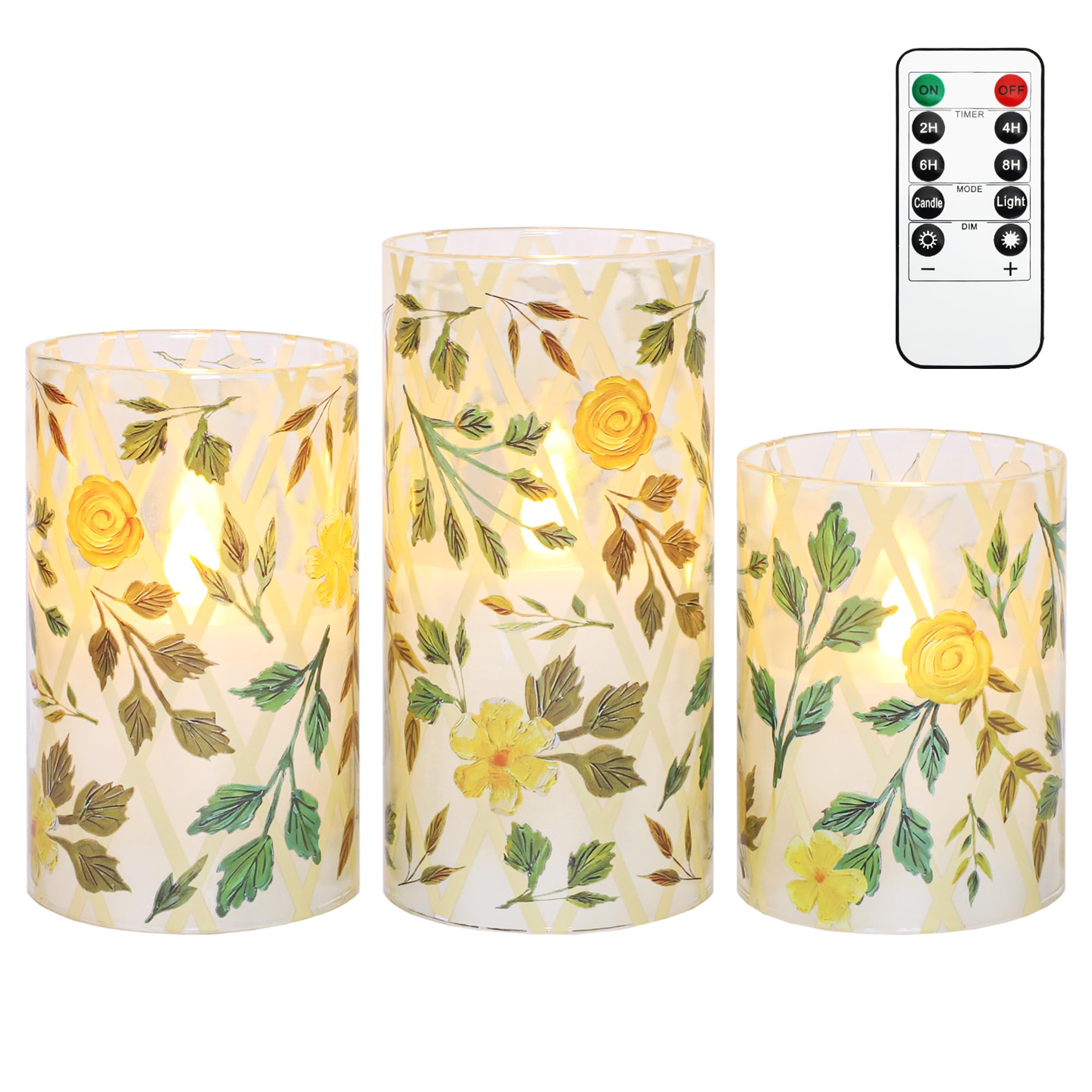 Flameless LED Candles with Remote Control and Timer, Yellow Flower Green Grass Design, Glass Pillar Candles, Set of 3