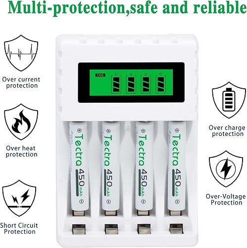 Miniatura 9 de Tectra Baterías AAAA de 450 mAh, paquete de 4 baterías recargables AAAA Ni-MH con AA AAA AAAA Ni-MH cargador de batería inteligente universal para