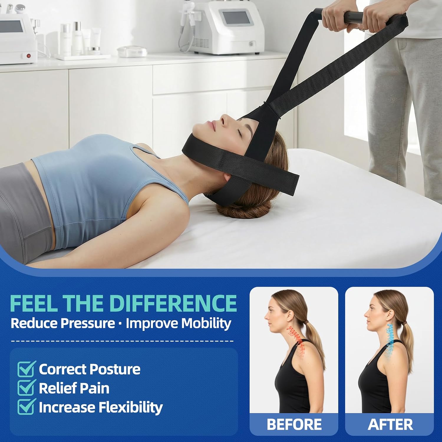 Y Neck Strap Traction Device for Pain Relief, Cervical Neck Stretcher with Comfort Handle and Chin Strap, Spine Chiropractic Decompression Tool