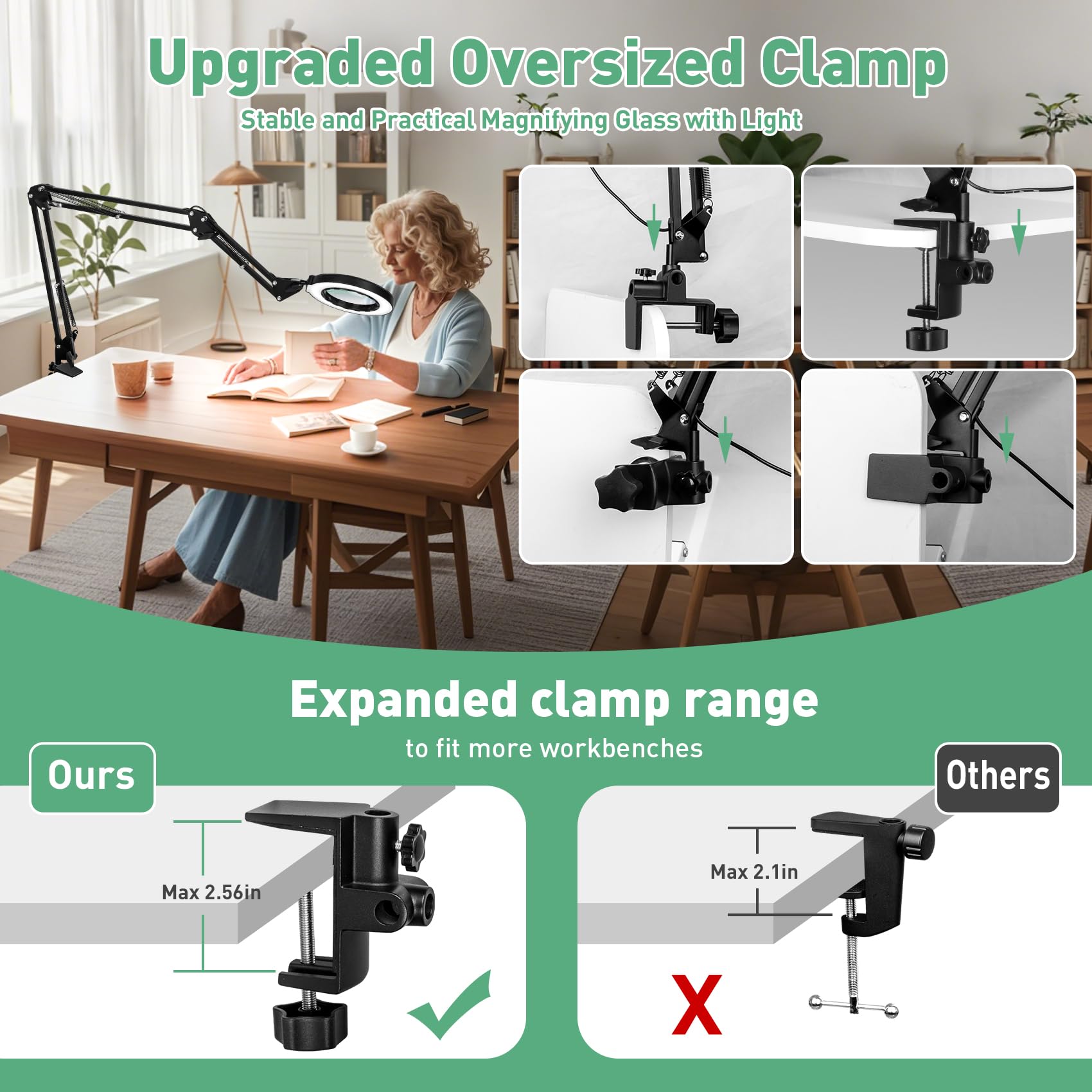 Loupe avec lumière, 5 couleurs et luminosité LED avec grande pince, 3 bras pivotants avec lumière et support pour établi, artisanat, lecture et peinture