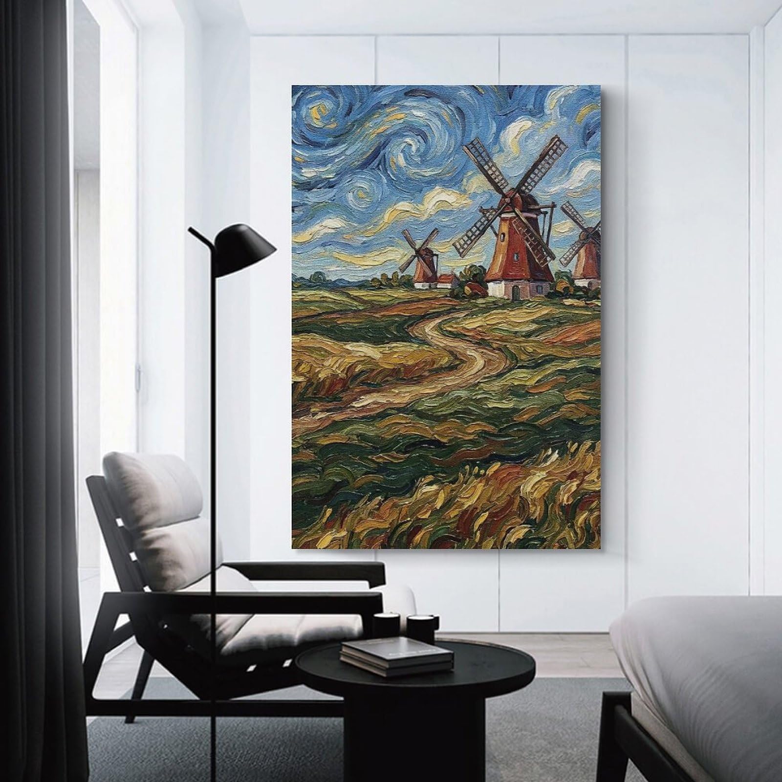 Junmoney Wall Art Print Windmills in A Field Painting, 20x30inch(50x75cm), for Hallway, Bedroom Or Modern Interiors, Thoughtful Wall Decor for Art Lovers