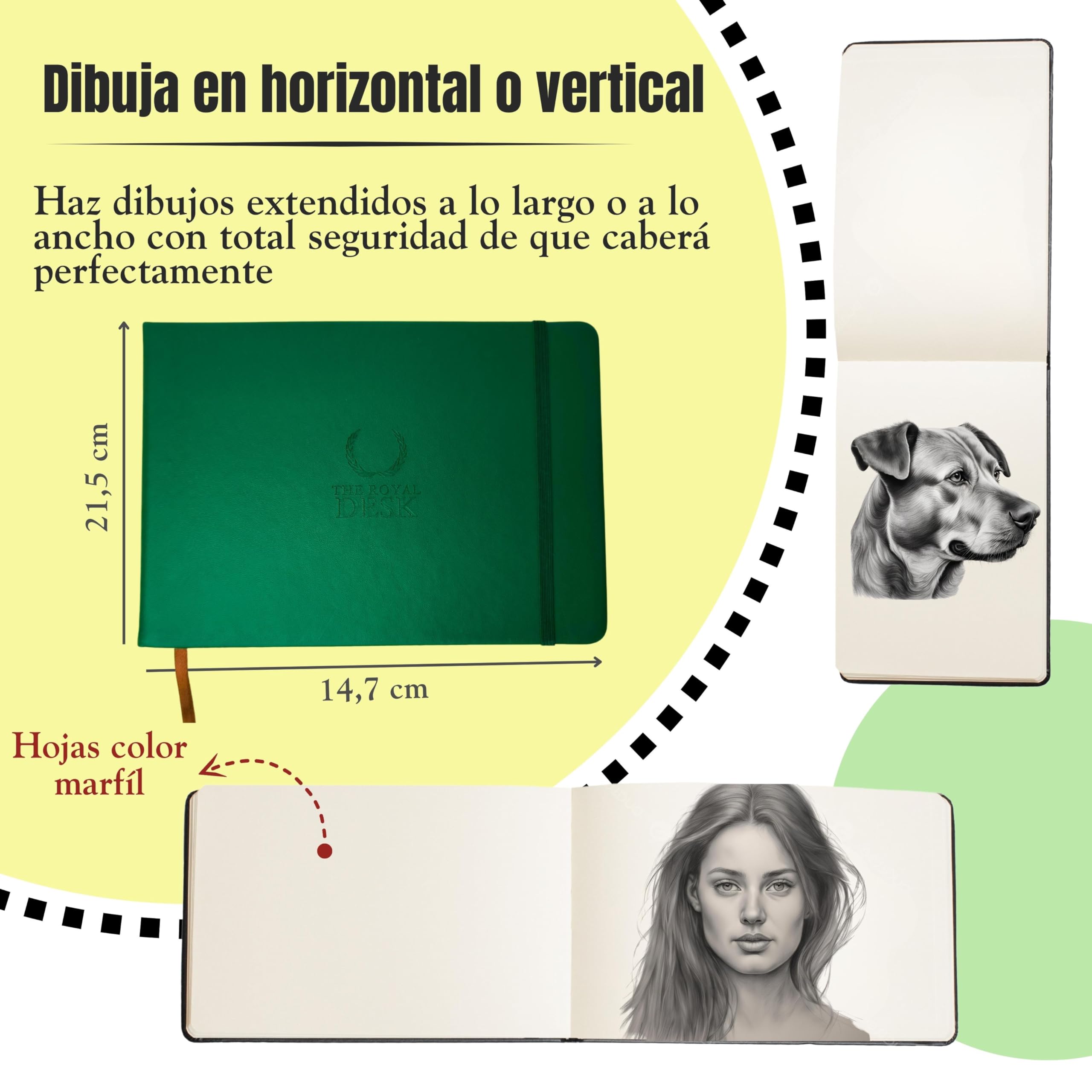 Libreta dibujo profesional incluye portamina. Cuaderno para Dibujo y bocetos de tapa dura. Bloc de dibujo de 80 hojas gruesas color marfil 200 g/m² Bloc de notas Sketchbook (Artistic Green)