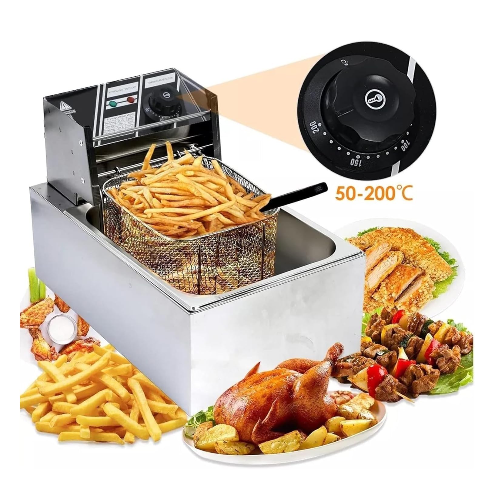 Friggitrice Elettrica da Banco da 6 Litri, Friggitrici Commerciali da 1500 W con Cestello di Scarico E Coperchio per Uso Ristorante per Patatine Fritte, Ciambelle al Tacchino, Cucina