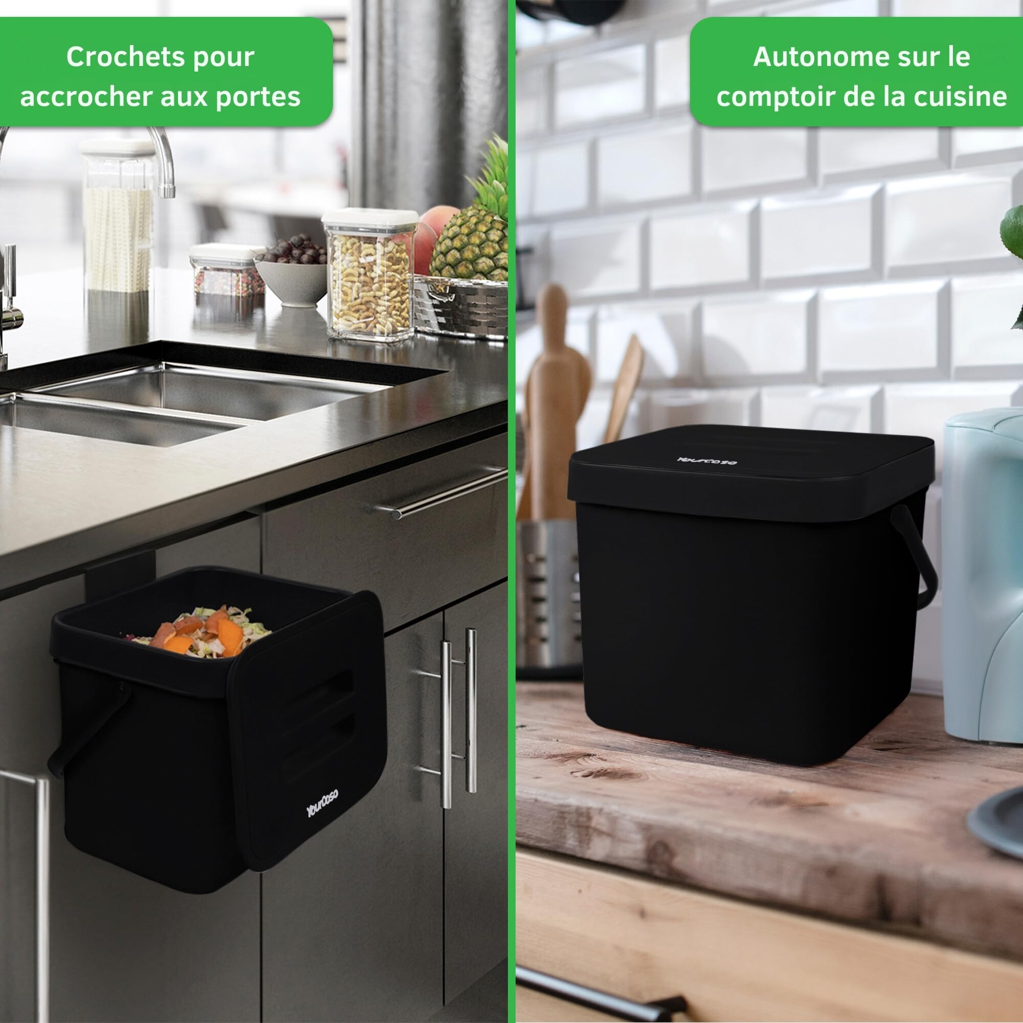 YourCasa® Poubelle de cuisine 7L à suspendre - Passoire à compost - Passe au lave-vaisselle - Anti-odeurs (noir)