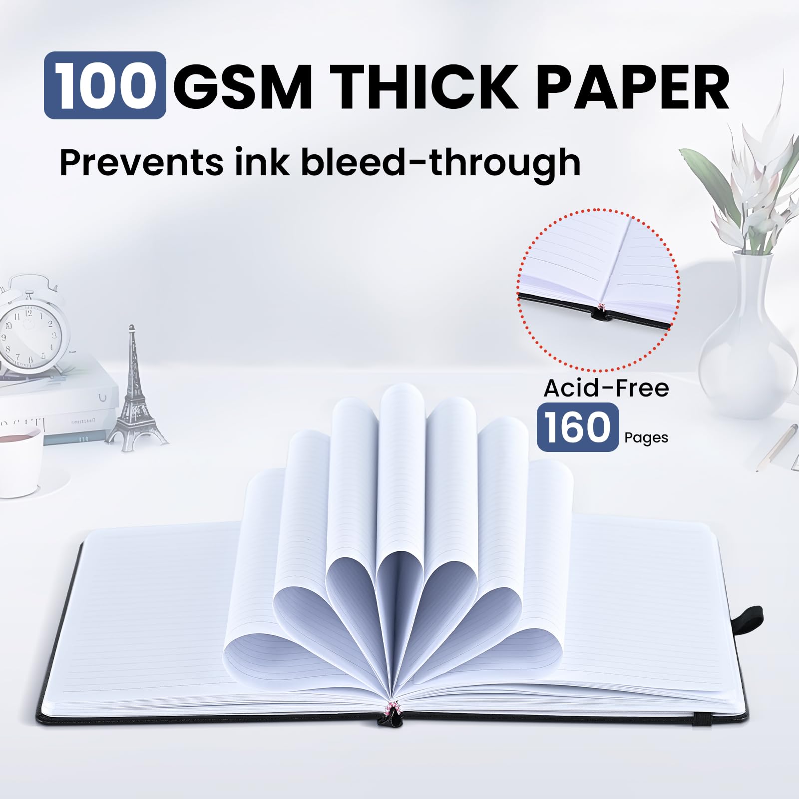 SUIN Taccuino a righe, copertina rigida in pelle per lavoro, scuola, viaggi, a righe, 160 pagine, carta da 100 g/m², nero (confezione da 6)