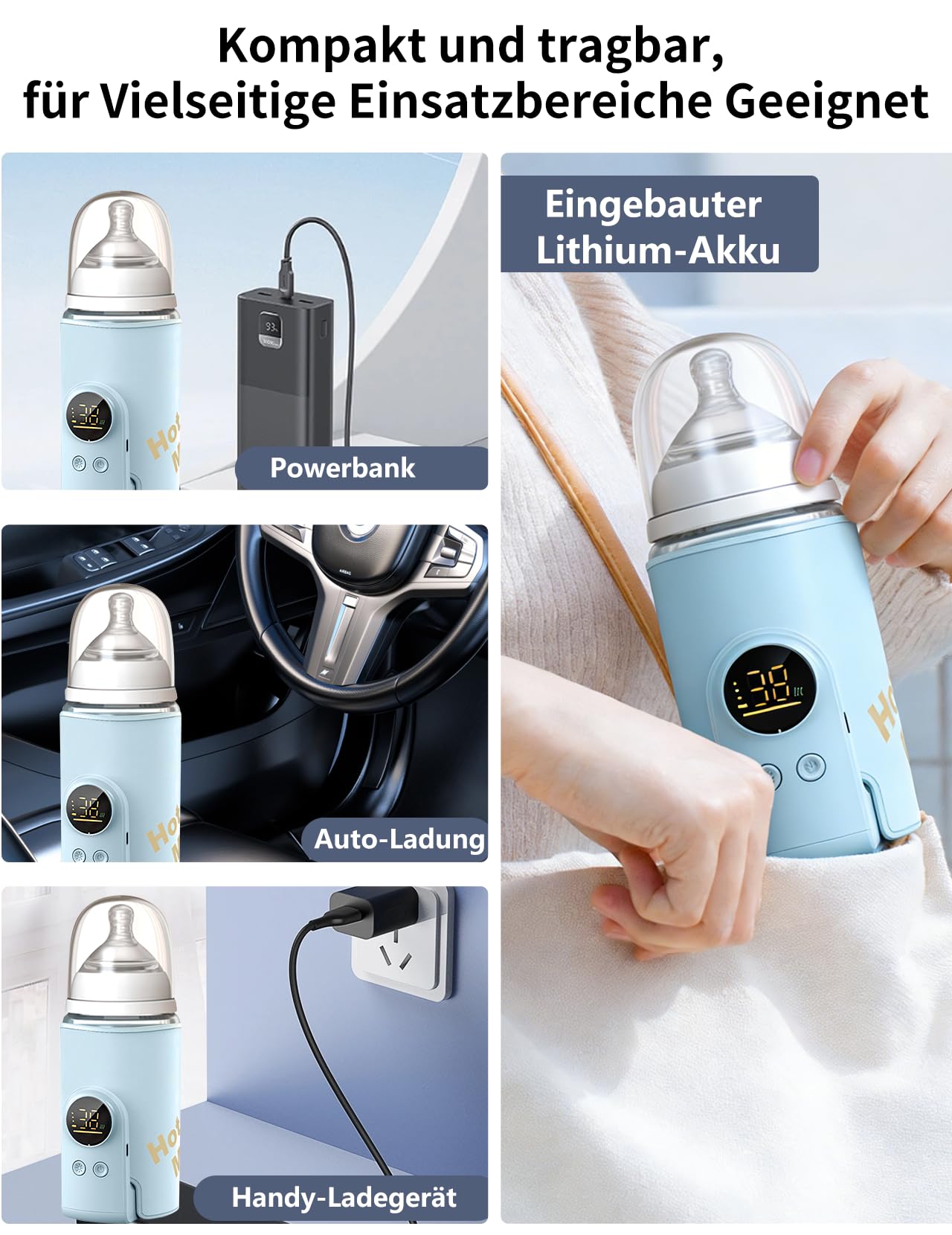 Flaschenwärmer Baby, Babyflaschenwärmer mit 8000mAh Akku, 6 Temperaturstufen 38-50℃, LED-Anzeige & Nachtlicht, Tragbarer Flaschenwärmer Baby USB-Ladefunktion für Unterwegs und Zuhause(Blau)