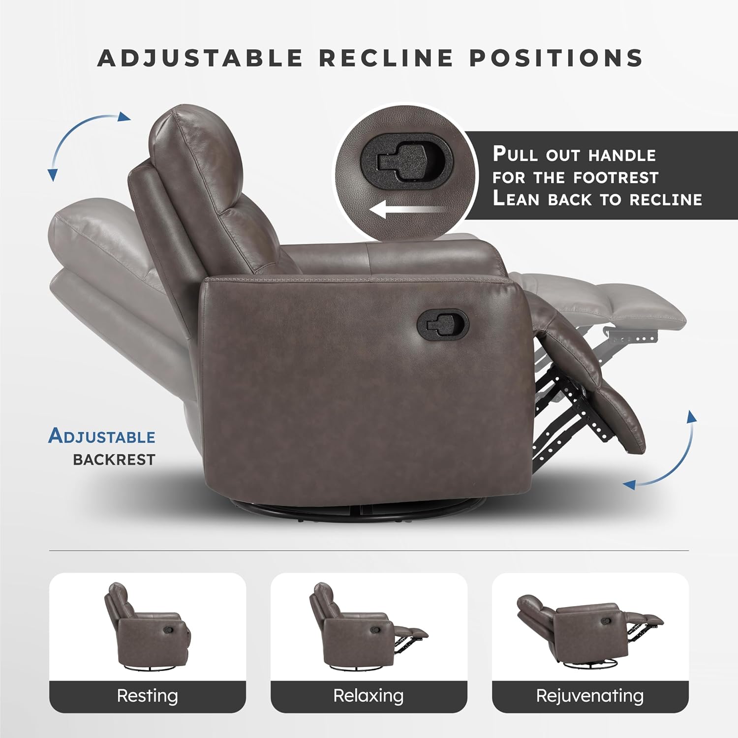 Lexicon 360 Degree Swivel Glider Reclining Chair, Manual Tab Pull Recliner, Leather Match Swivel Glider Recliner with Plush Foam, Sturdy Frame for Living Room/Office/Bedroom, Dark Brown