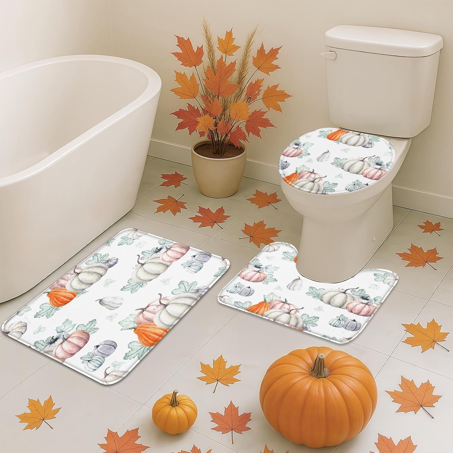 ArtSocket Watercolor Pumpkins Bathroom Set with Shower Curtain and Rugs Accessories, It is Thanksgiving Halloween Fall Shower Curtain for Bathroom Decor 4 Pcs