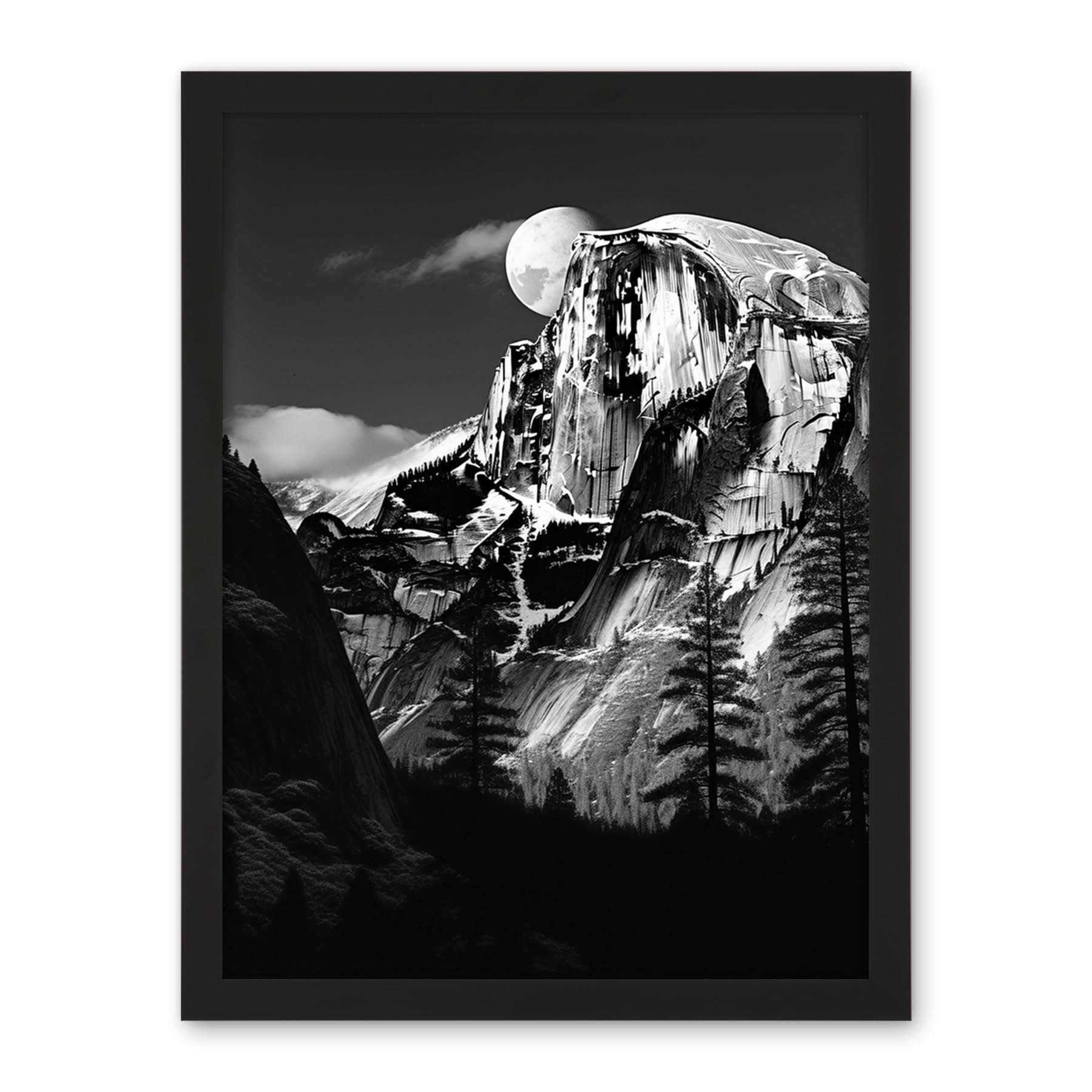Artery8 Moonrise Behind Half Dome High Contrast Black White Photograph Yosemite National Park Full Moon and Mountain Forest Landscape Artwork Framed Wall Art Print 18X24 Inch