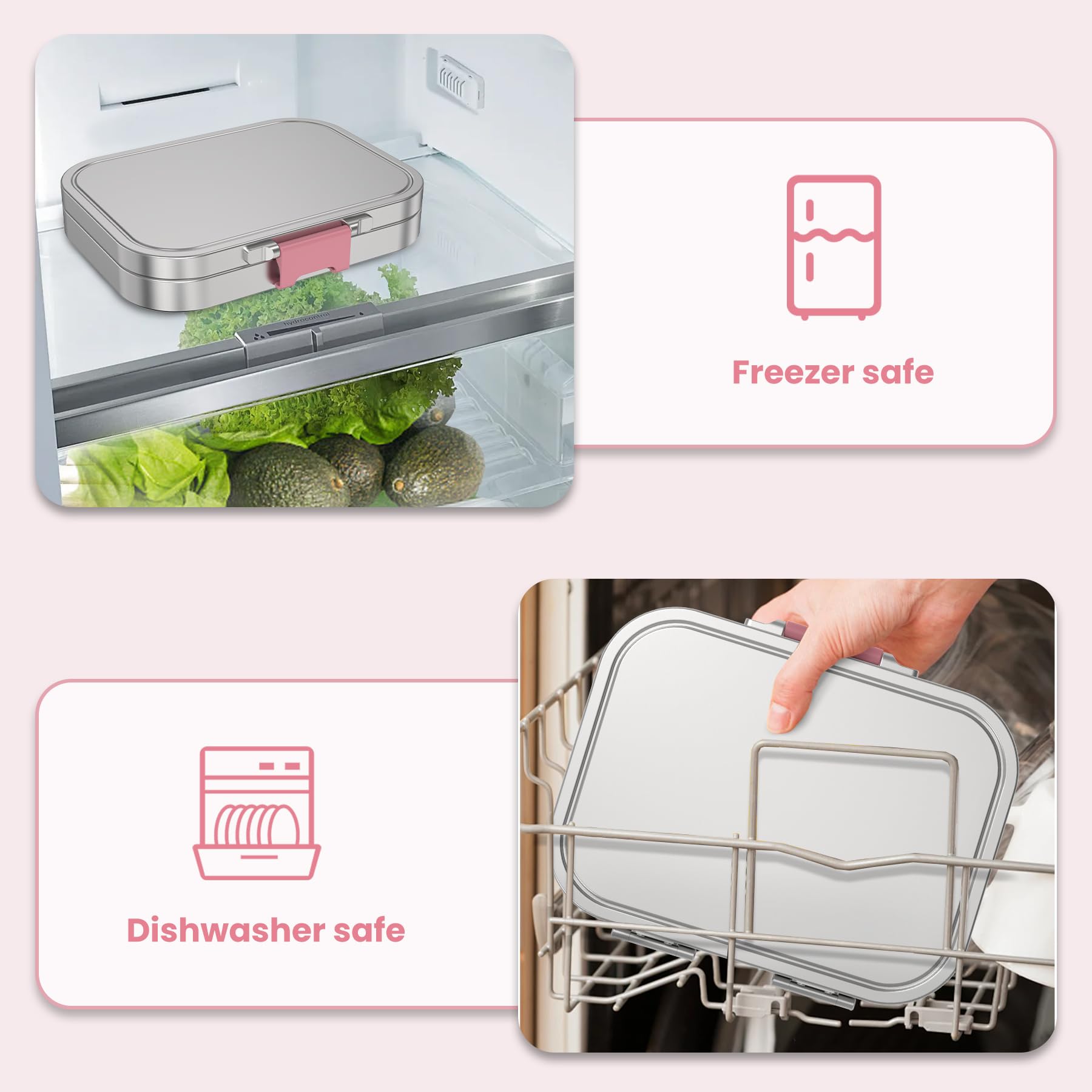 VITONIS Fiambrera de acero inoxidable para niños, fiambrera de metal Bento para niños, con 3 compartimentos y anillo de sellado, fiambrera adecuada para niños y adultos, apta para lavavajillas (rosa
