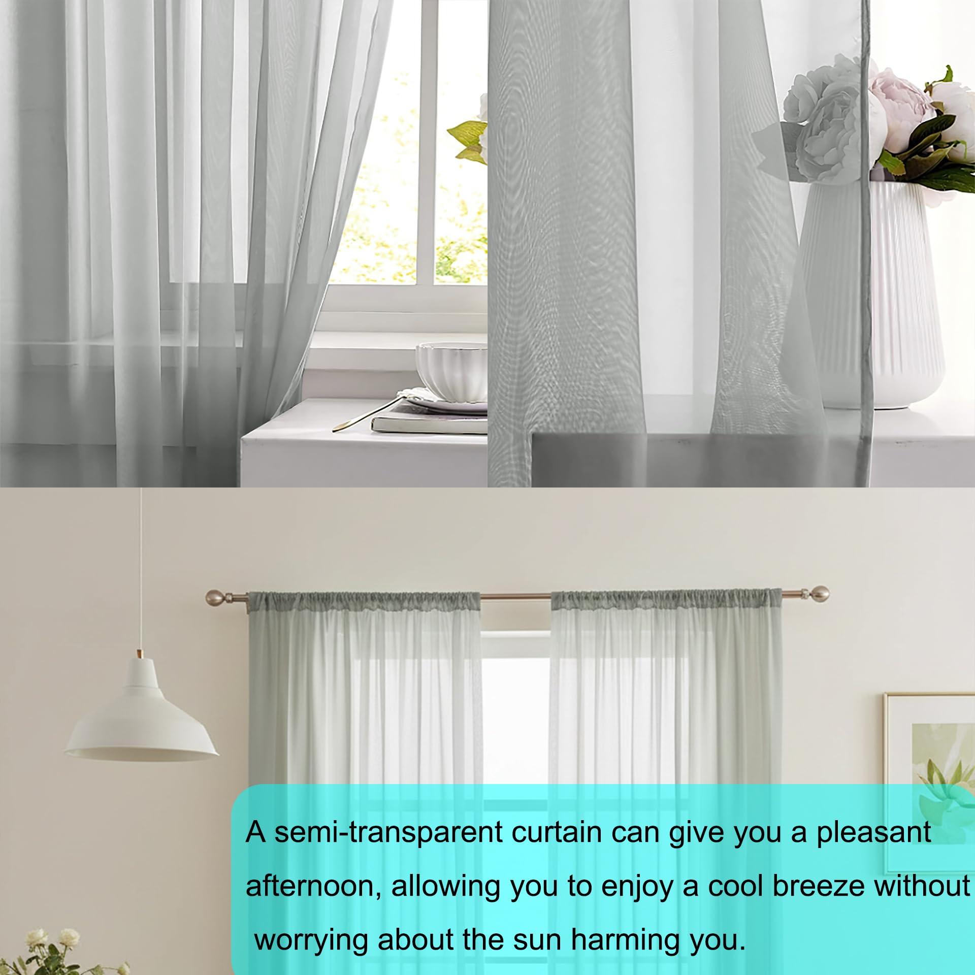 Halbtransparente Vorhänge 130 x 200 cm Luftige Soft Raumteiler Vorhang Viele Attraktive Farbe für Bürobereich, Balkonzimmer, Grau