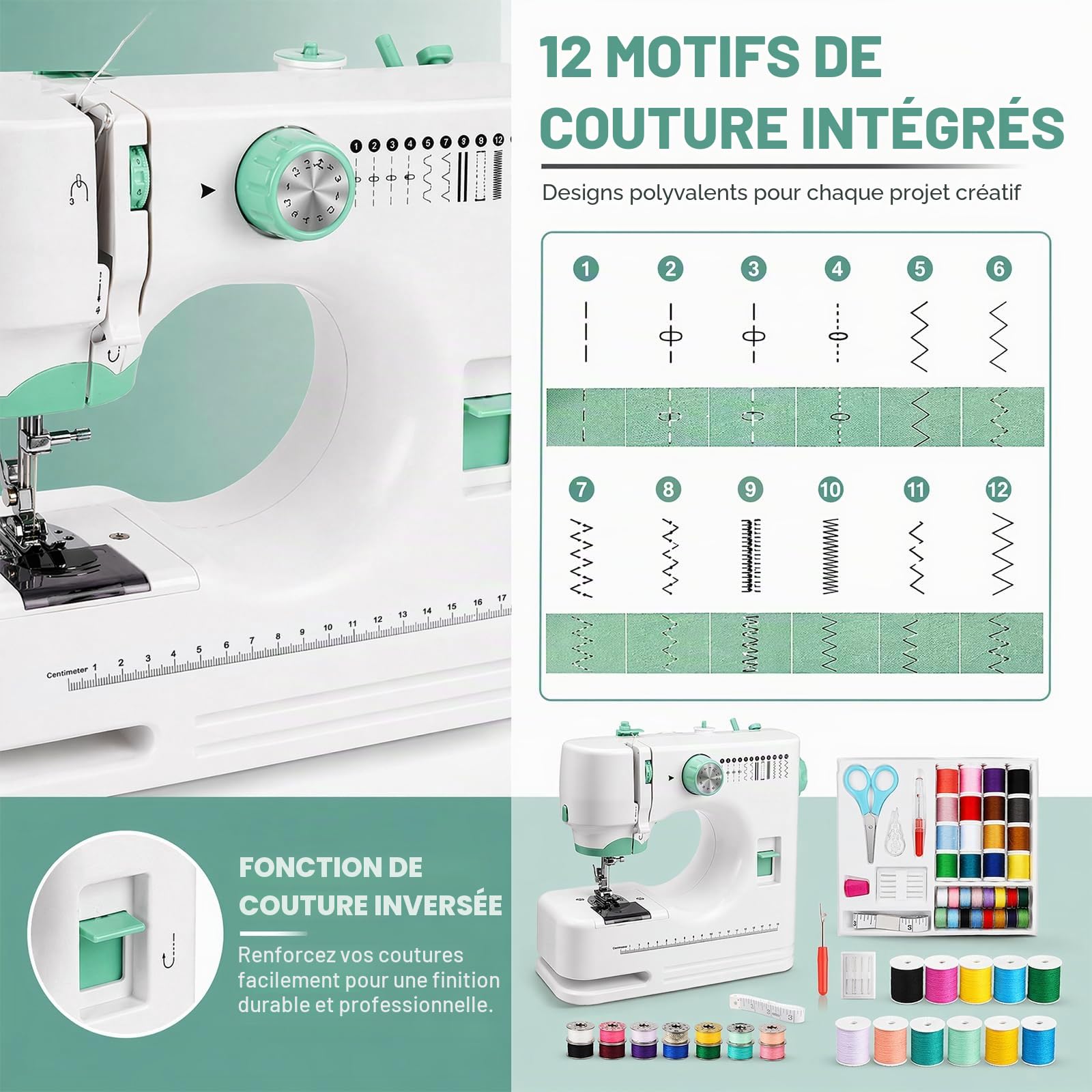Machine à Coudre Portable, Mini Machine à Coudre pour Débutants avec12 Programmes, avec Kit Accessoires, avec Lumière LED, Idéale pour Vêtements, Rideaux et Jeans