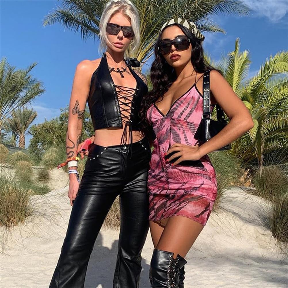 Crop Top Halter for Women Pu Sleeveless V Neck Bodycon Tank Top Bustier Lace Up Front Workout Corset Hippie Clothers - Image 6