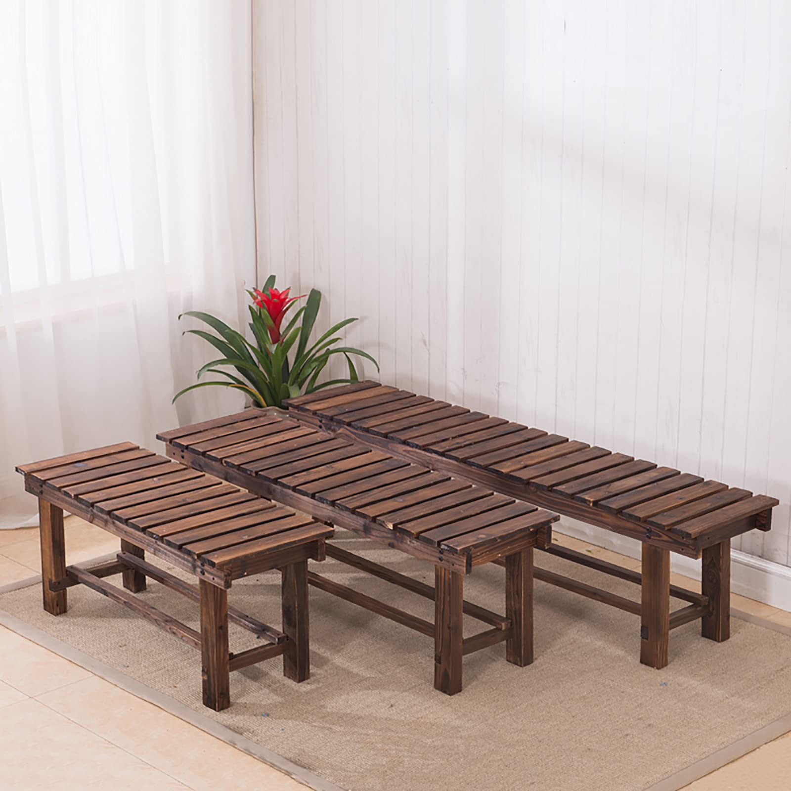 Banco de Madera con Estilo Moderno y Diseño de Listones - Banco de Jardín Sin Respaldo para 2-3 Personas - Banco para Exteriores Banco Forja para Parque, Porche y Salón