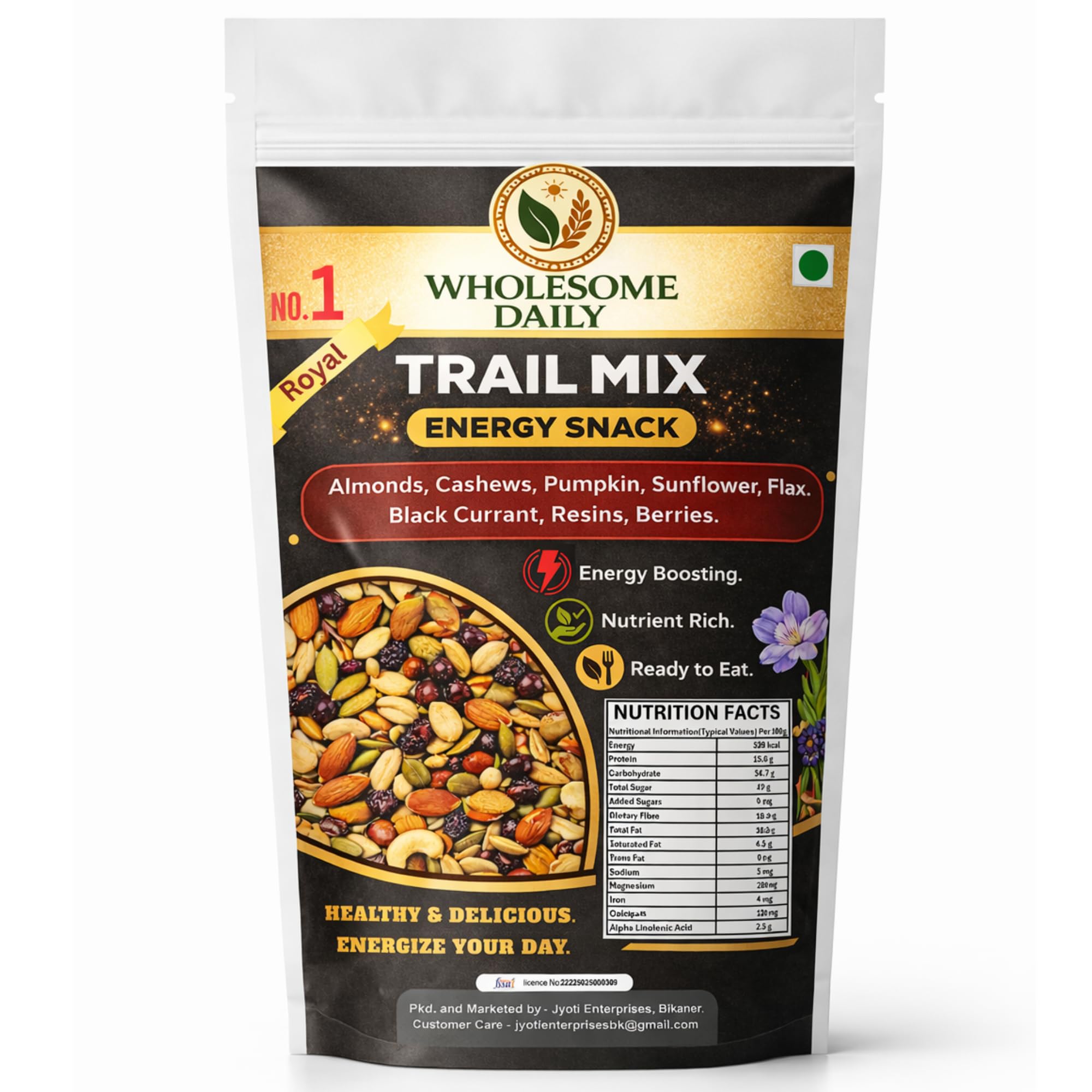 WHOLESOME DAILY Trail Mix Royal, Energy Snack, Almonds, Cashews, Pumpkin, Sunflower, Flax, Black Currant, Resins, Berries, 1kg (500g)-image-46
