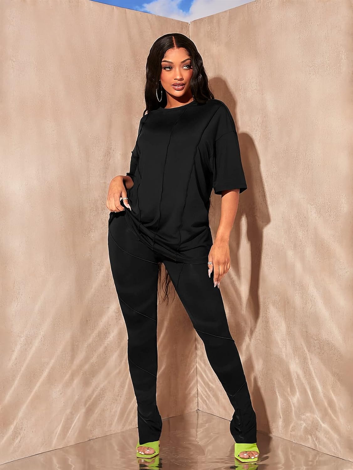 Solid Split Hem Leggings (Color : Black, Size : X-Large)