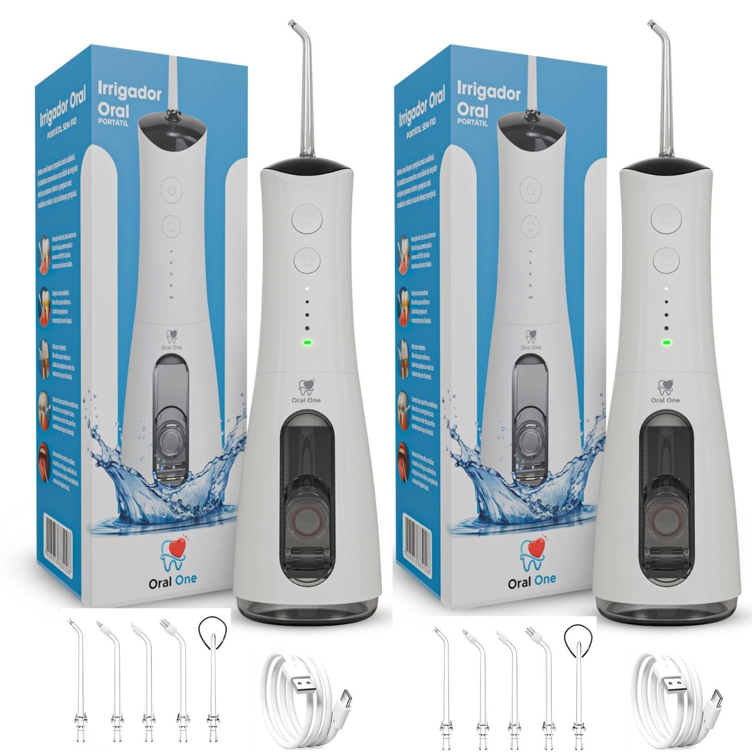 Irrigador Oral e Bucal Portátil 300ml – Kit com 2 Unidades – Recarregável USB – 5 Bicos –