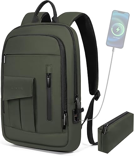 Miniatura 14 de Mochila de negocios para hombre, antirrobo, resistente al agua, mochila de viaje para portátil de 15.6 pulgadas para el trabajo diario, Verde,