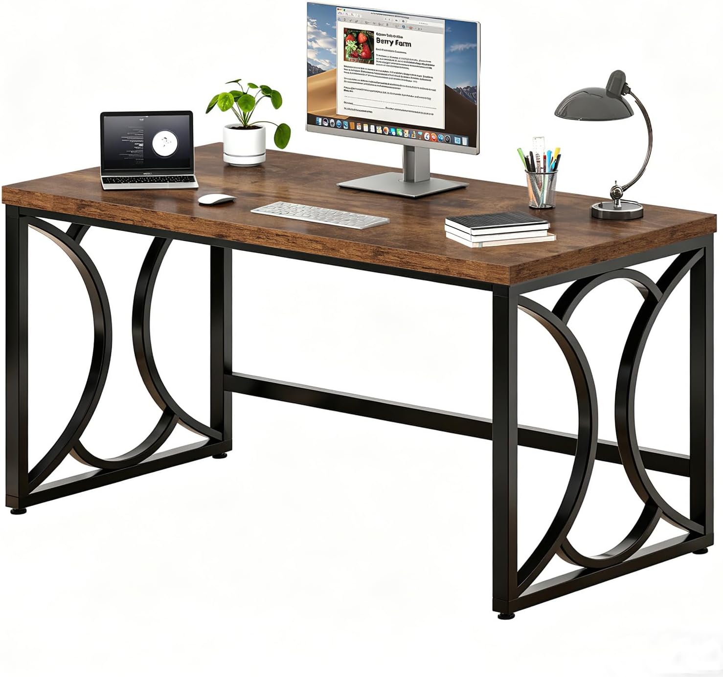 HSH Rustic Computer Desk, Metal Wood Home Office Desk, Simple Industrial Study Executive Desk for Work Writing, Modern Student Gaming Computer PC Table for Bedroom Living Room, 55 Inch, Rustic Brown