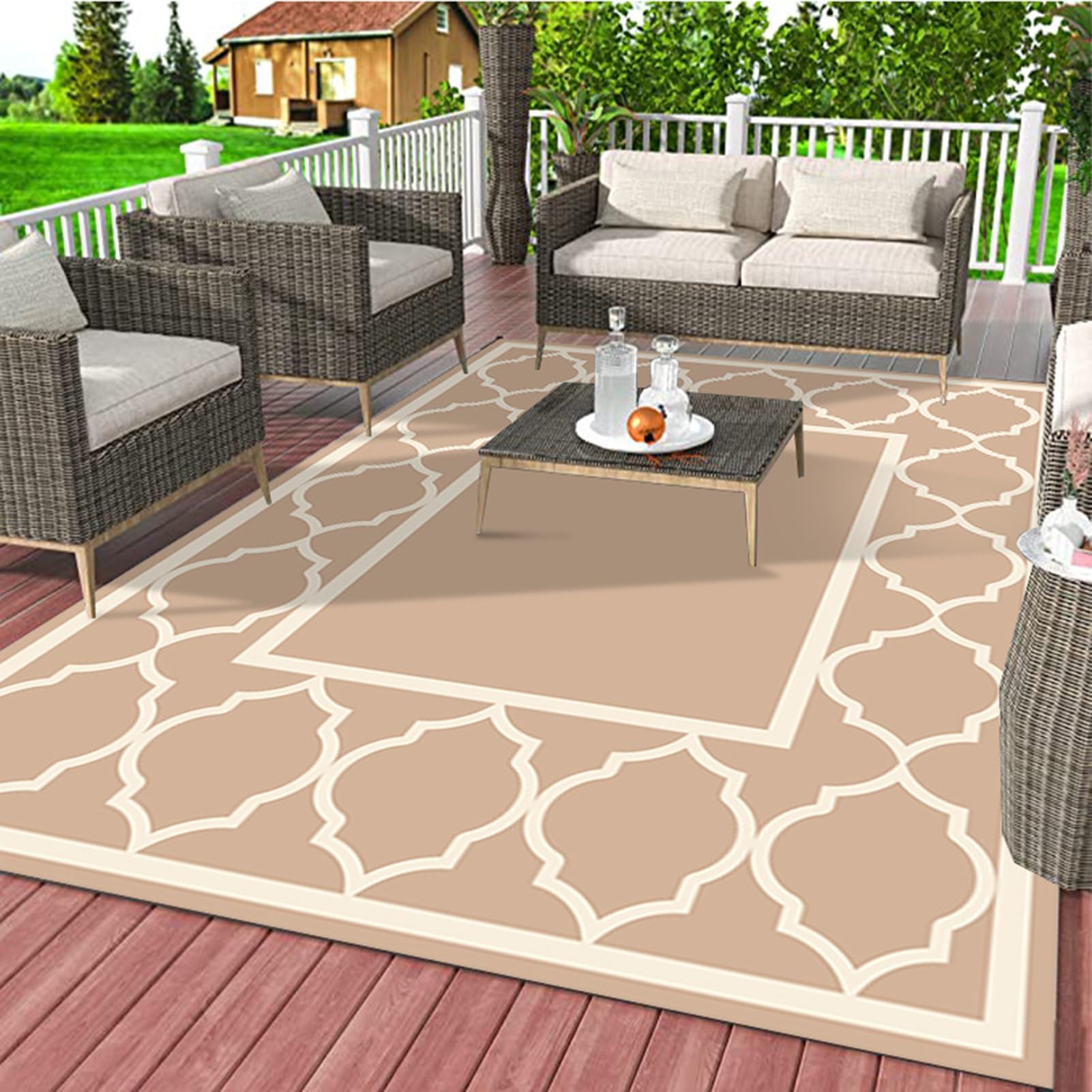 HGTRH Patio Door Rugs Outdoor Indoor, 5x7 Indoor Outdoor Area Rug Geometric Designs, Outdoor Deck Carpet For Under Patio Table Non Slip Outdoor Rugs Foldable for Garden, Balcony, RV, Camping