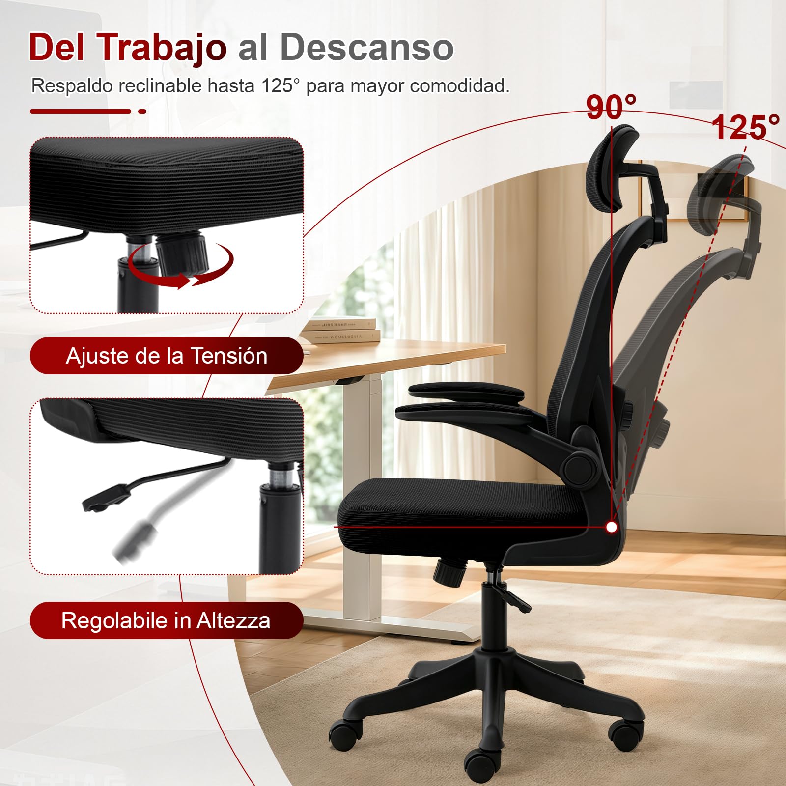 Silla Ergonómica de Oficina con Soporte Lumbar Ajustable, Reposacabezas Regulable y Reposabrazos Abatibles, Silla de Malla para Oficina en Casa, Estudio y Uso Diario, Negra