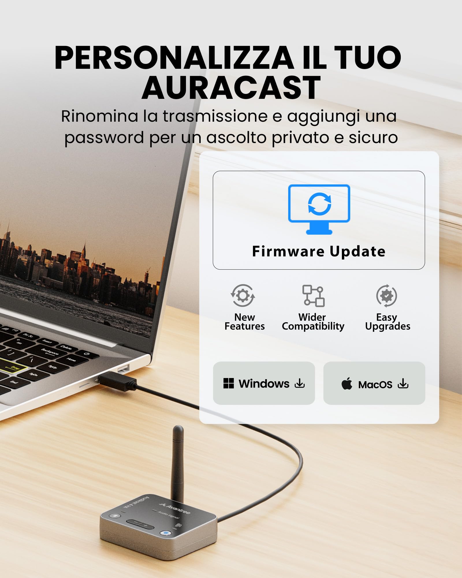 Avantree Audikast 4HA – Trasmettitore e streamer TV Auracast per dispositivi audio Auracast selezionati, ascolto TV personale al proprio volume, ottico e AUX, pronto per il futuro e aggiornabile