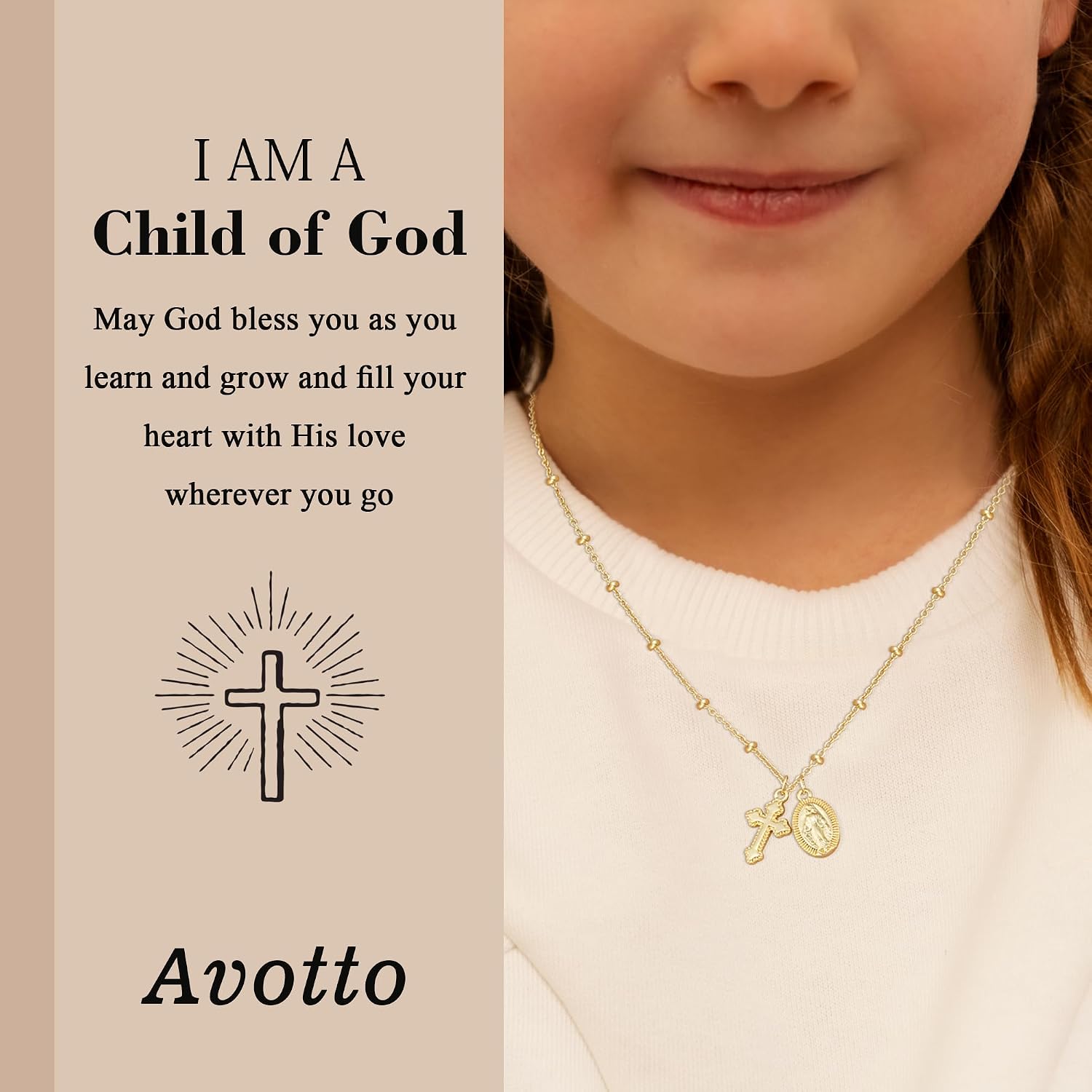 Avotto Catholic Gifts Virgin Mary Cross Necklace for Girls Kids Teen Girls Women,Catholic Happy Easter Confirmation First Communion Baptism Religious Trendy Stuff Jewelry Gifts 16+2.5Inch