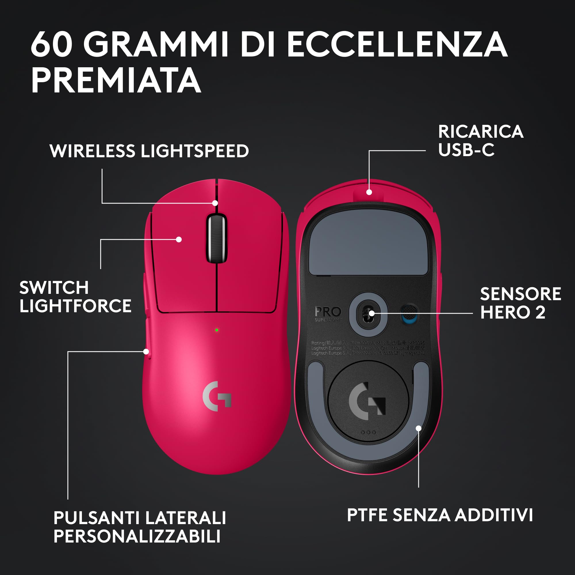 Logitech G PRO X SUPERLIGHT 2 LIGHTSPEED mouse gaming wireless, Versione Est Europa, aggiornamento 8K, leggero, 60g, HERO 2, 888 IPS, 44K DPI, 5 pulsanti programmabili, USB-C, PC e Mac - Rosa