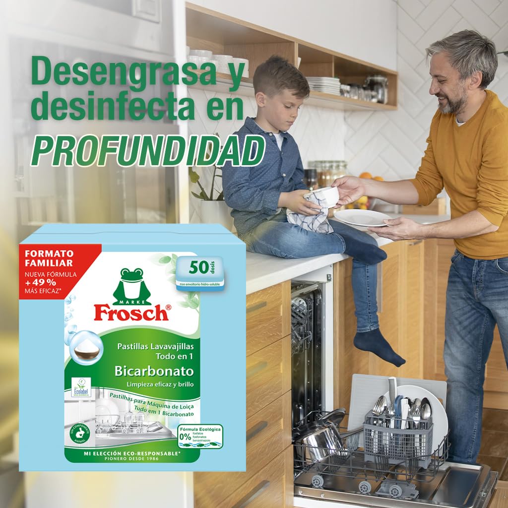Frosch - Pastillas Lavavajillas a Máquina Todo en 1 con Bicarbonato, Limpieza y Brillo, Sin Componente Animal, Ni Fosfatos, Ni Fosfonatos - 50 Dosis, 0.2 kg