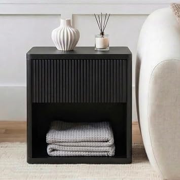 Fluted Nightstand Set of 2, 23 W Beside Table with 2 Drawers | Black End Table with Hidden Drawer & Open Shelf, Large Mid Century Modern Side Table for Bedroom