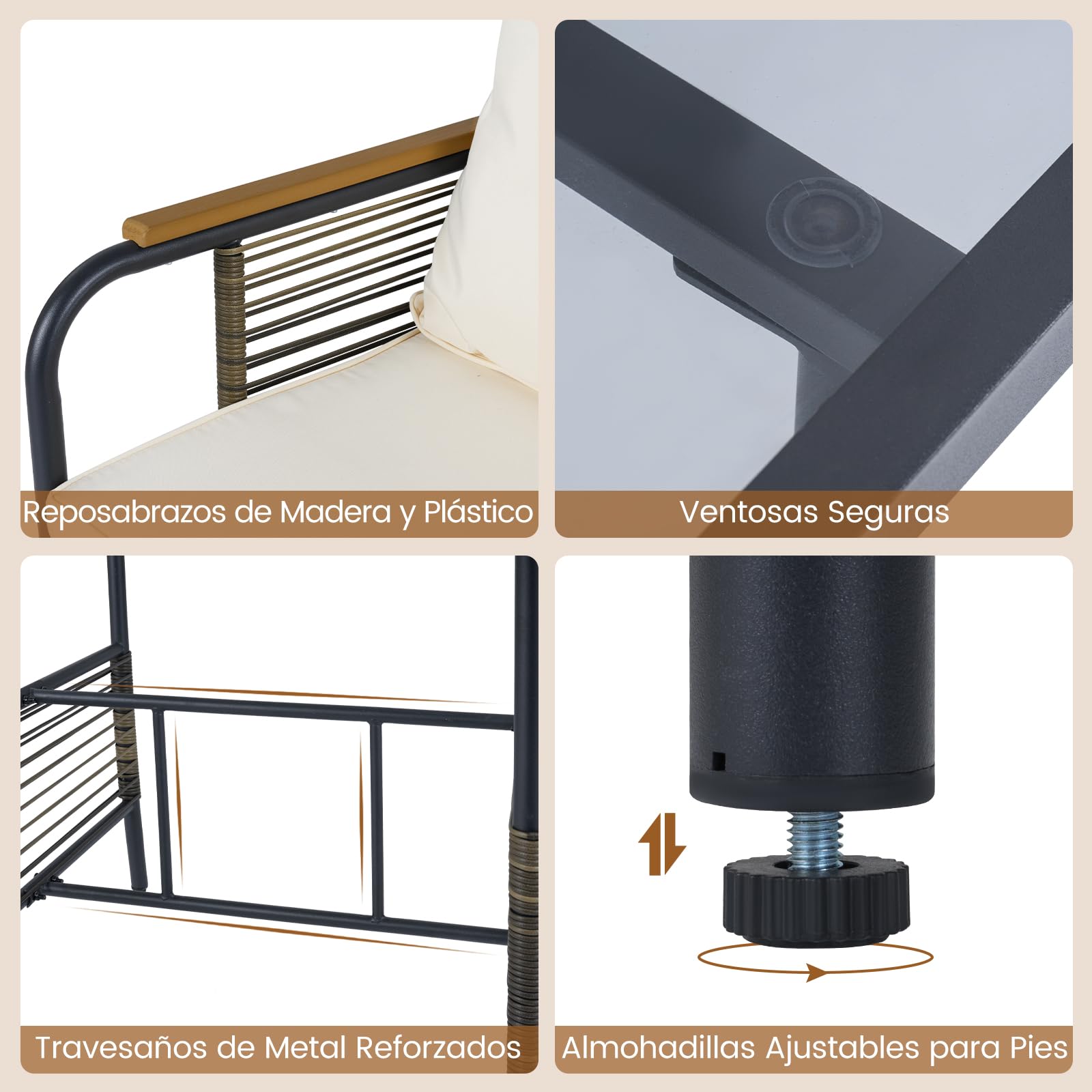 COSTWAY Conjunto de Muebles de Jardín, 3 Piezas de Ratán para Exterior Que Ahorra Espacio con Cojines, Mesa Rectangular de Vidrio y Sillas de Ratán para Balcón, Jardín y Patio (Beige)