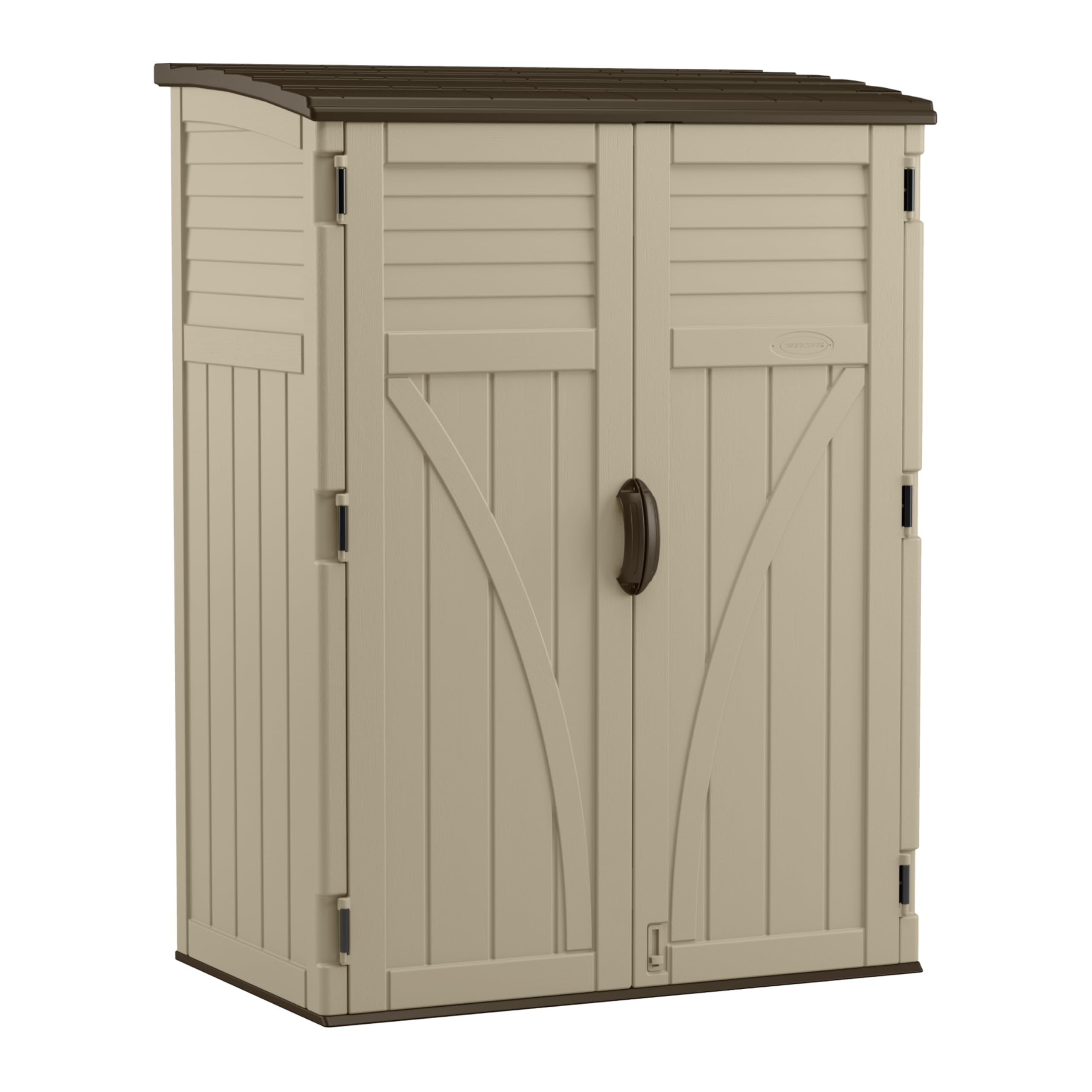 Photo 1 of Suncast Outdoor Storage Shed, Water Resistant Resin Vertical Outdoor Storage Cabinet for Patio, Garden Tools, Cushions, & Equipment, Weatherproof Multi-Wall Design, 54 cu. ft., Made in USA