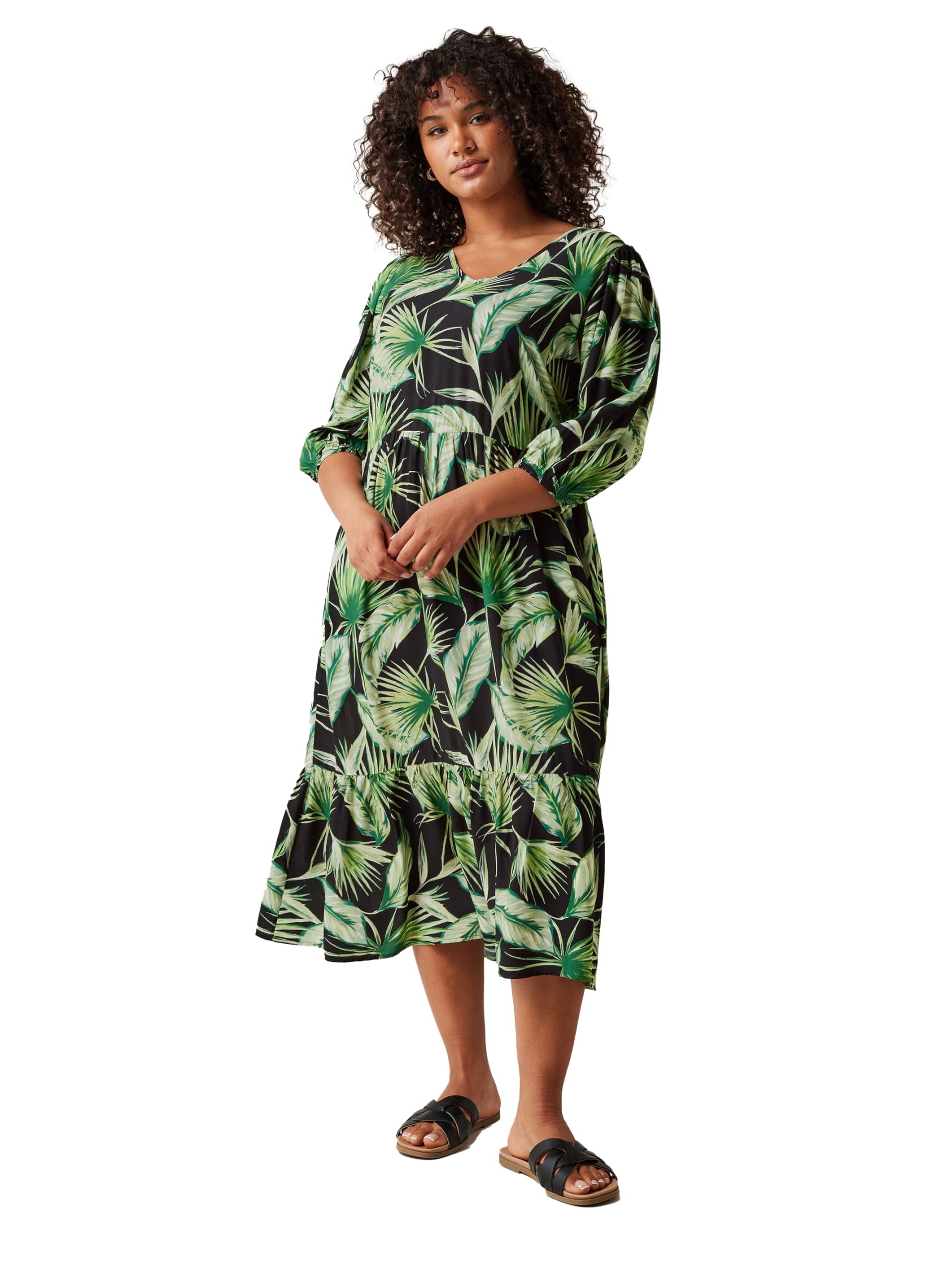 Evans Women's Green Curve Palm Print Tiered Midi Dress - Plus Size Curve