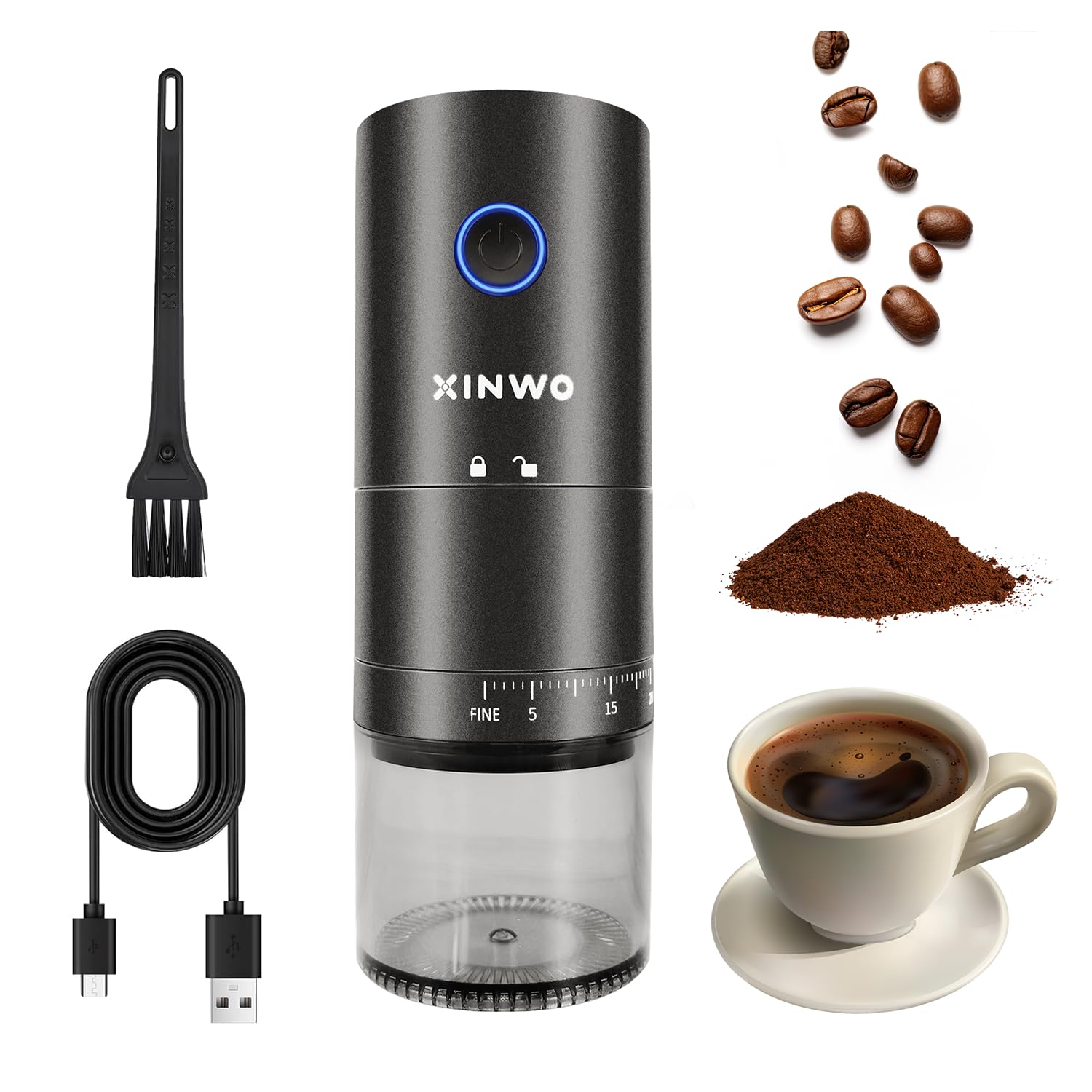 Abidjan | Molinillo Café Eléctrico de Muelas Cónicas - 38 Niveles | Compartimentos Separados | Muelas Cerámica | Recargable USB-C | 38 Niveles Molienda | Portátil | Diseñado en España