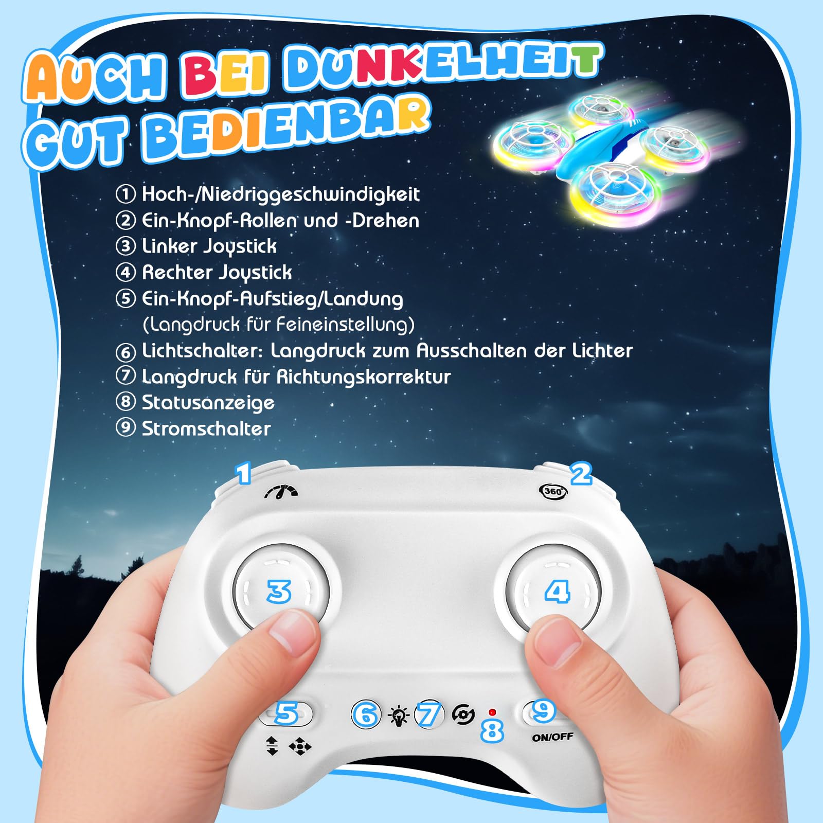 YIKANWEN Dron RC para Niños de 6 a 14 Años con Luces LED, Vuelo en 360° y Aterrizaje con Una Tecla - Juguete de Cuadricóptero para Niños y Niñas