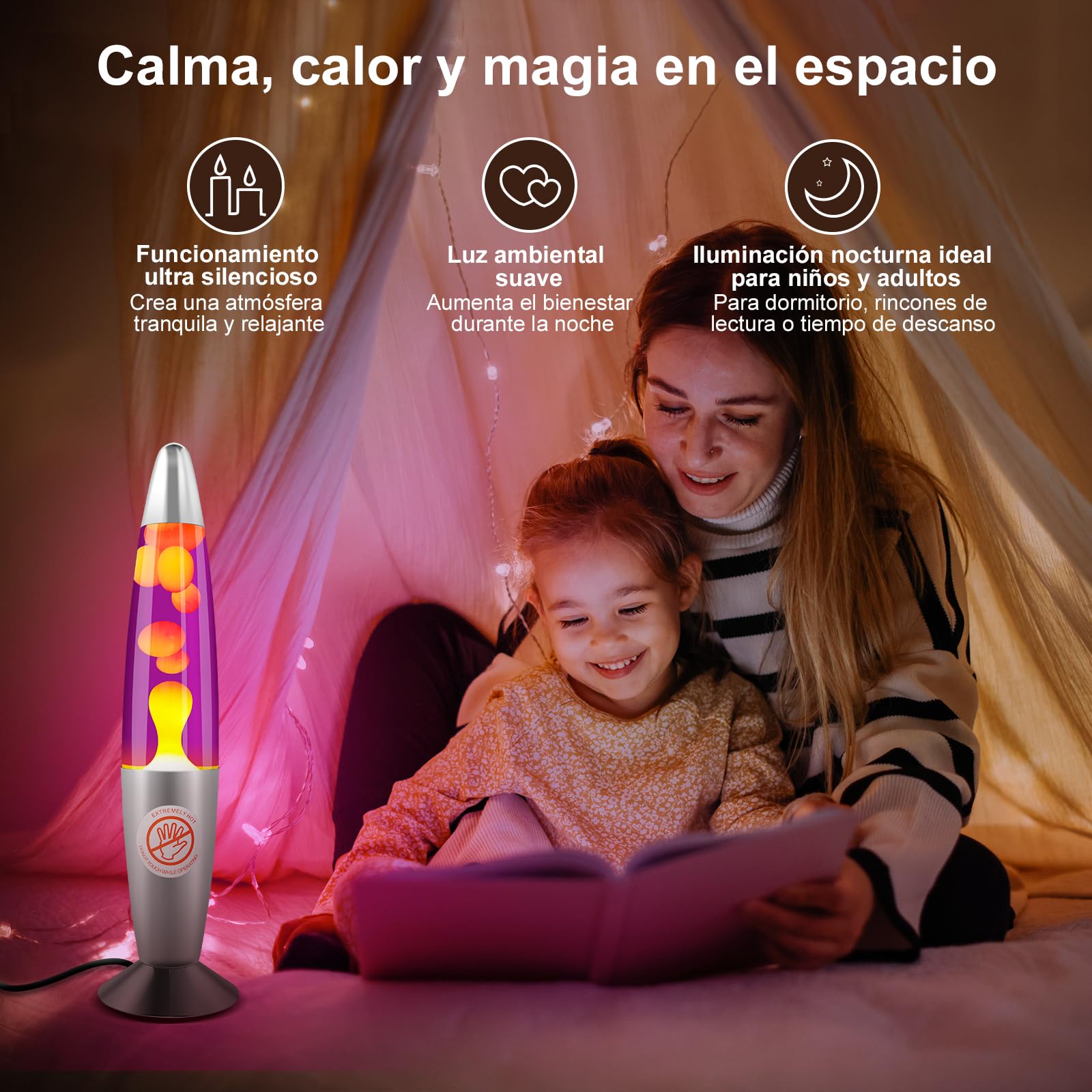 Lámpara de lava retro 34 cm violeta y amarilla – decorativa y relajante, aluminio y vidrio – para dormitorio y salón, regalo original – E14 R39 25 W, 2 bombillas incluidas