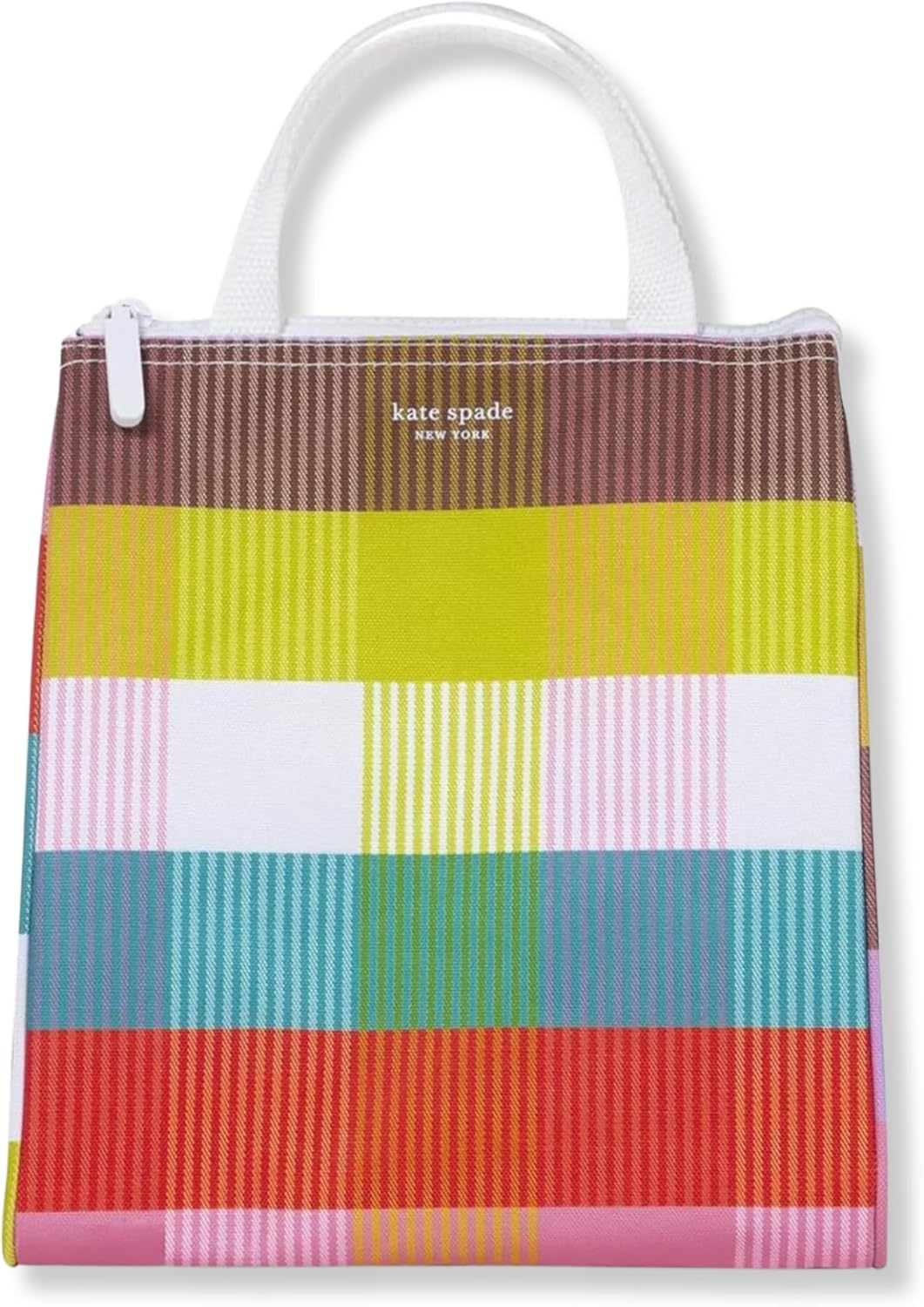 Kate Spade New York Rainbow Plaid Insulated Lunch Tote Bag - Portable Soft Cooler with Silver Lining & Top Handle, 9.5x8.75x5.75"