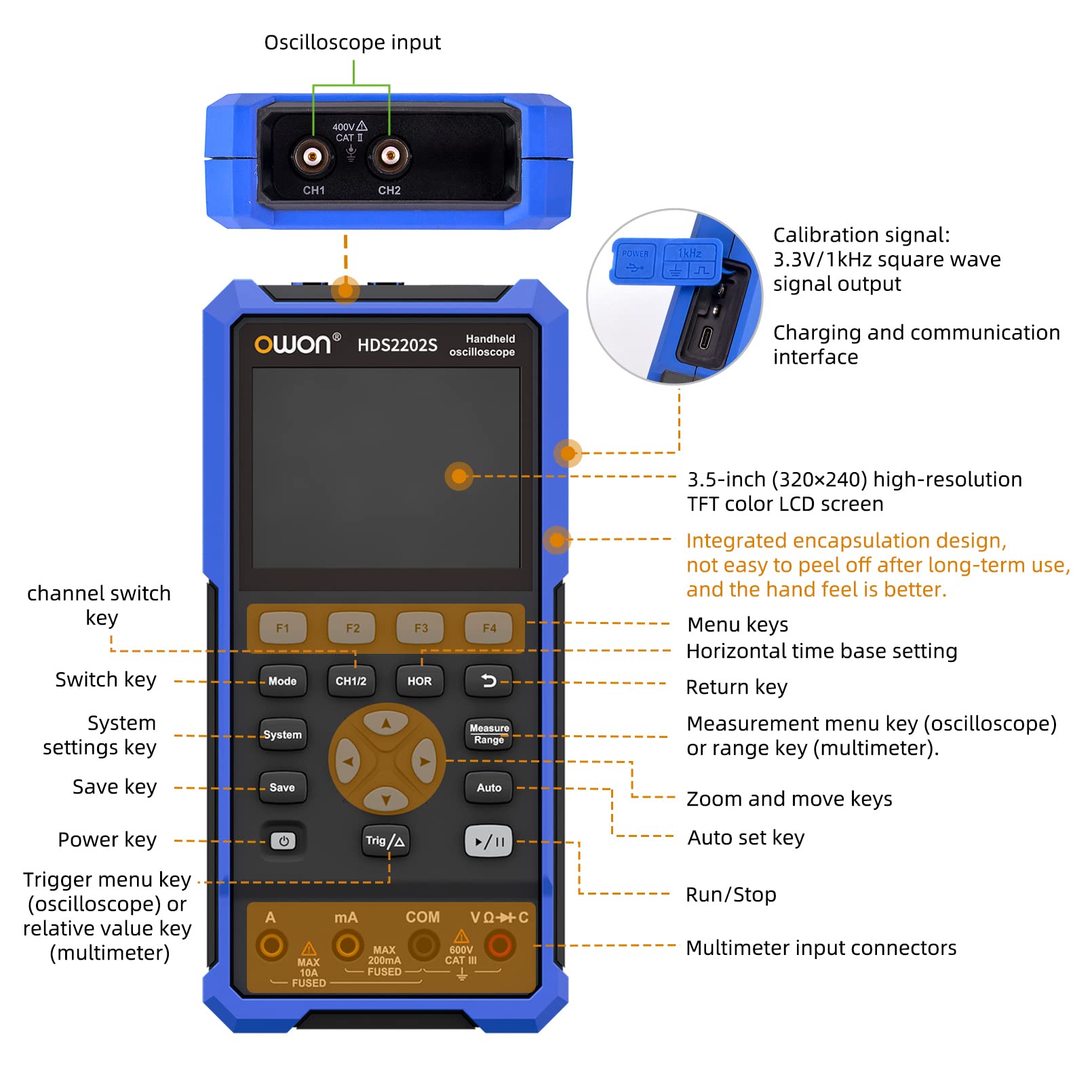 OWON HDS2202S Oszilloskop 3 in 1 200MHz Professionelles Handheld PC Oszilloskop, 20000 Counts Digitalmultimeter 3,5Zoll LCD Display Universal Testinstrument