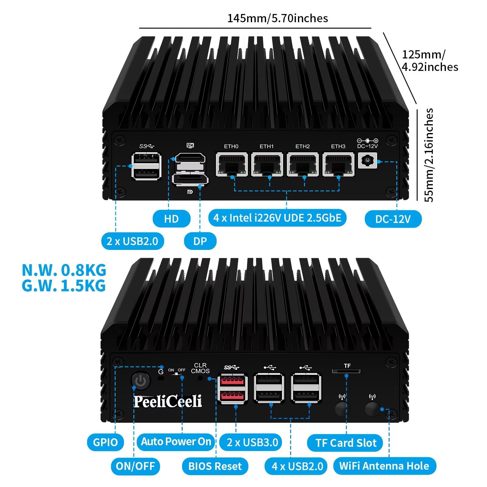2025 N150 Lüfterlos Mini PC Barebone, OPNsense Firewall Appliance 4X i226-V 2.5GbE LAN Port, Büro/Home Micro Desktop PC Dual 4K HD+DP, TF Card Slot (No RAM/SSD/OS)