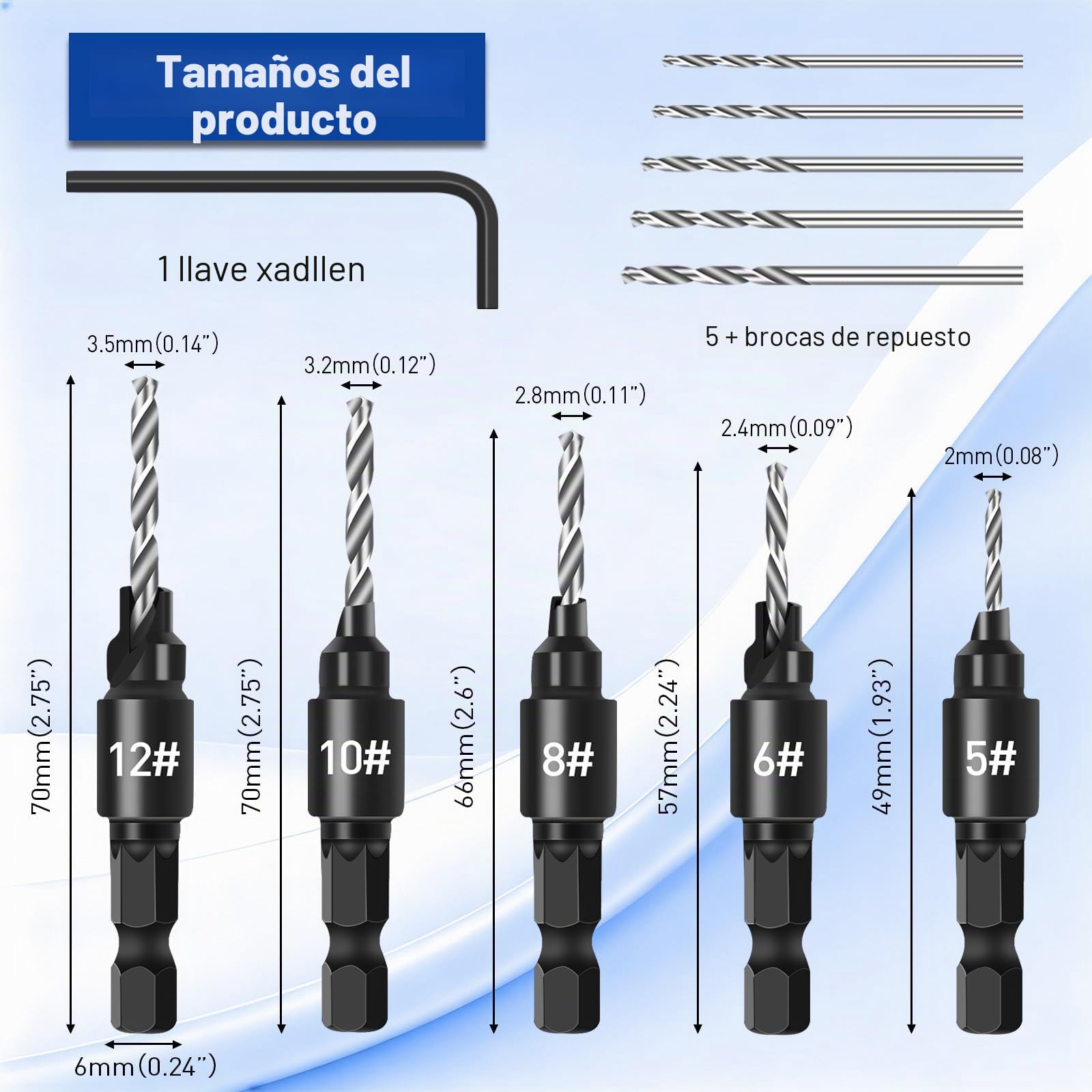 Juego de brocas avellanadas, 5 piezas de cambio rápido de vástago hexagonal ajustable de 1/4 pulgadas - 5 brocas reemplazables gratis con una llave hexagonal para carpintería