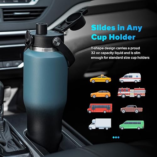 Miniatura 2 de Botella de agua aislada de 32 onzas, botellas de agua de acero inoxidable al vacío con tapa de popote y tapa de boquilla, frasco de agua de metal a