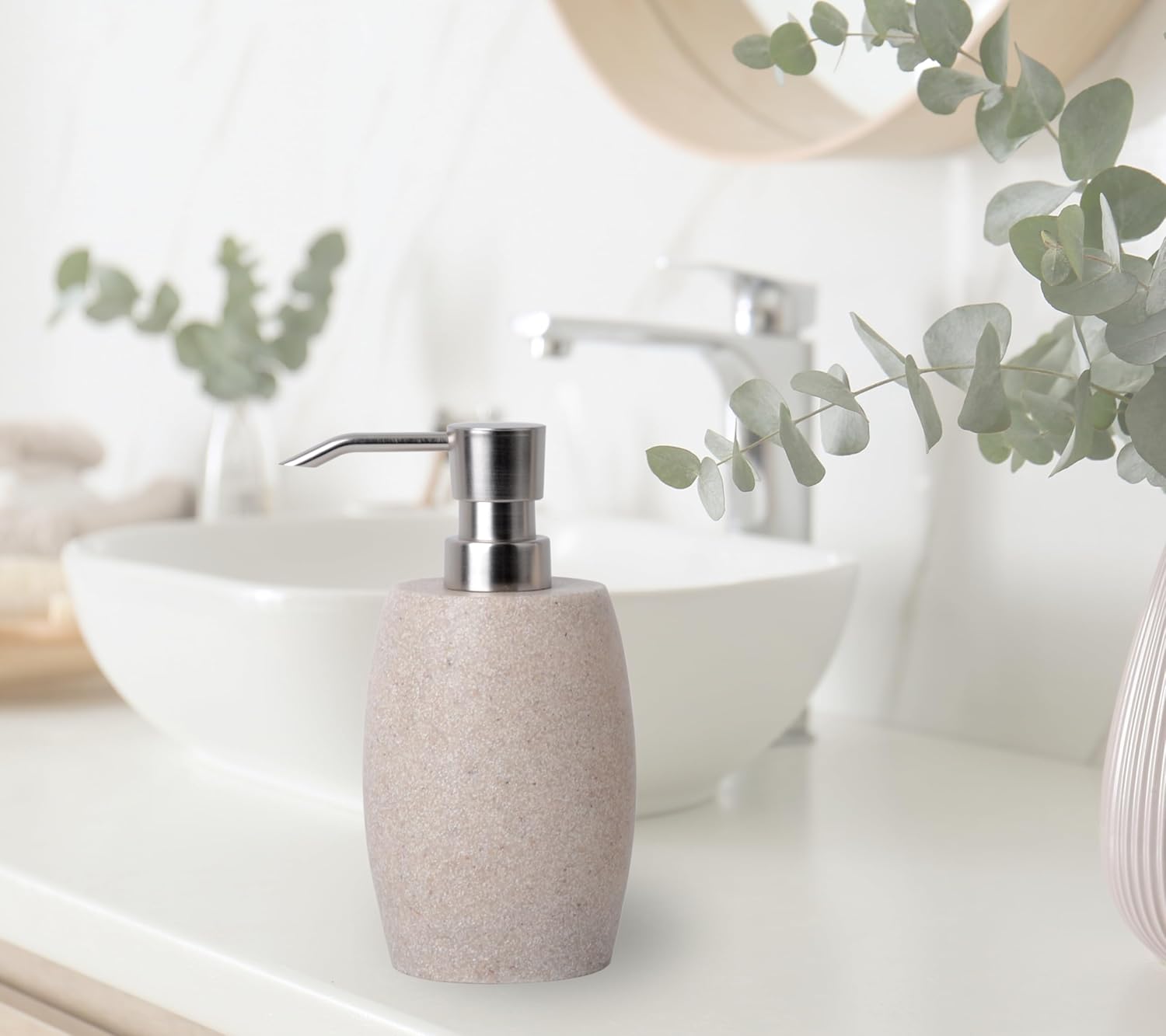 Sandstone Textured Resin Soap Dispenser with Metallic Pump and Waterproof Bottle Labels for Bathroom Kitchen Dish Hand Wash Shower Lotion Shampoo, 12 Oz, Beige - Image 7