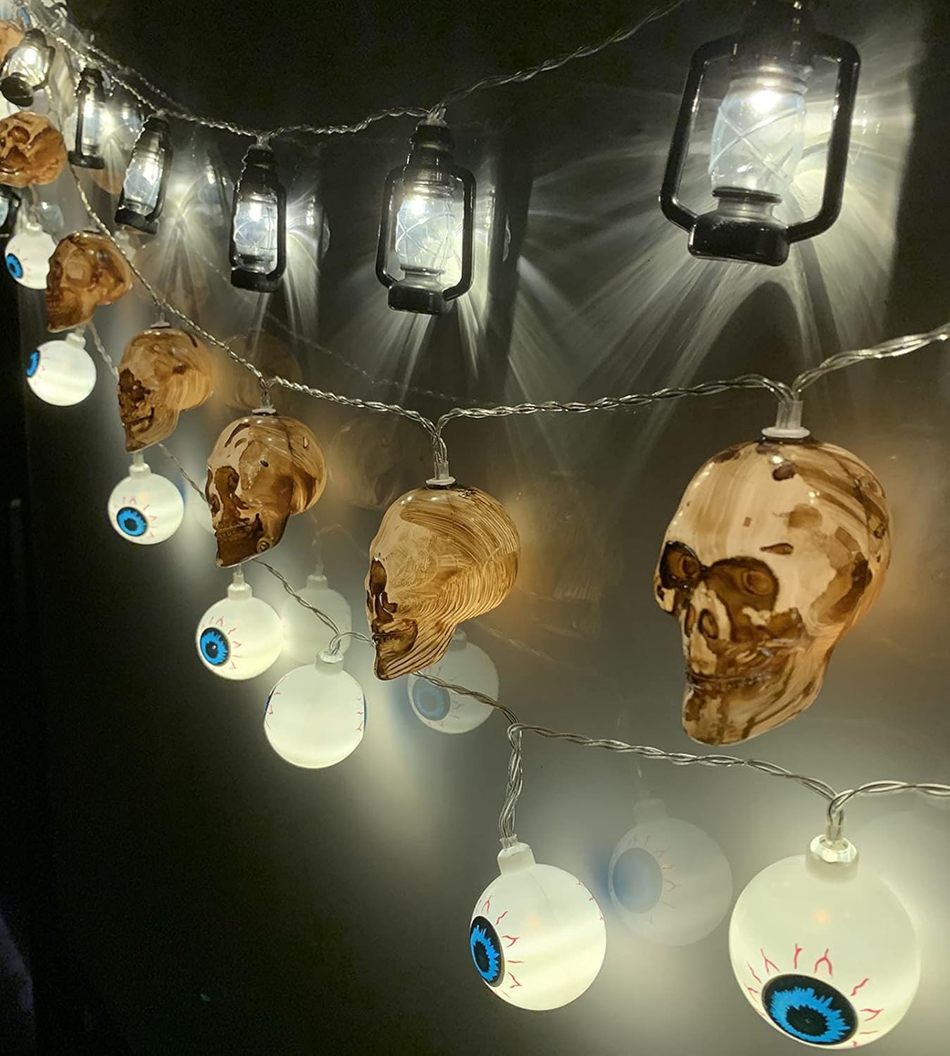FONGZU Halloween String Lights, Set of 3 Total 60 LED 29.5 FT Brown Skull, Black Lantern, White Eyeball String Lights Battery Operated Indoor Outdoor Party Home Festival Decoration : Patio, Lawn & Garden