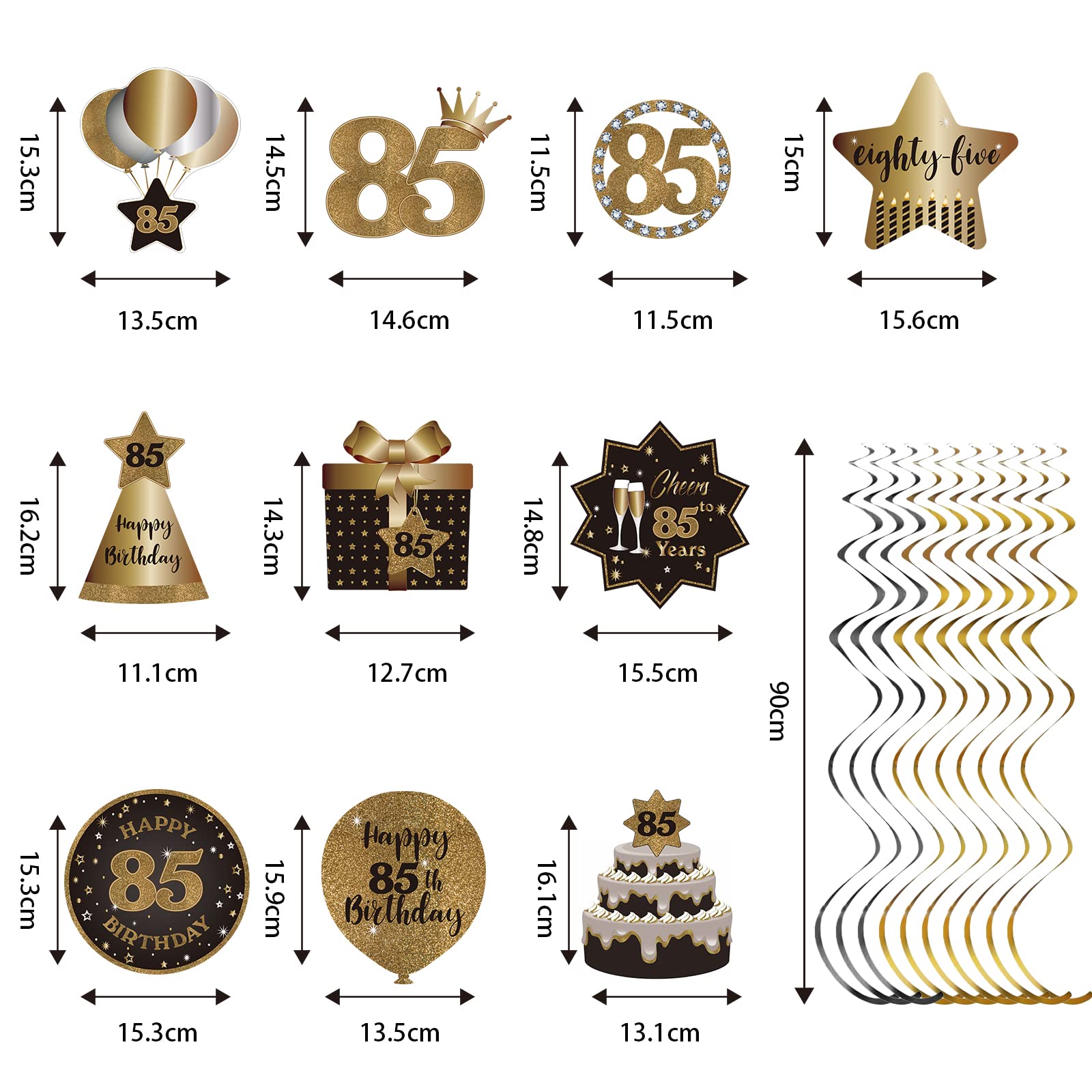 Happy 85th Birthday Party Hanging Swirls Streams Ceiling Decorations, Celebration 85 Foil Hanging Swirls with Cutouts for 85 Years Old Black and Gold Birthday Party Decorations Supplies