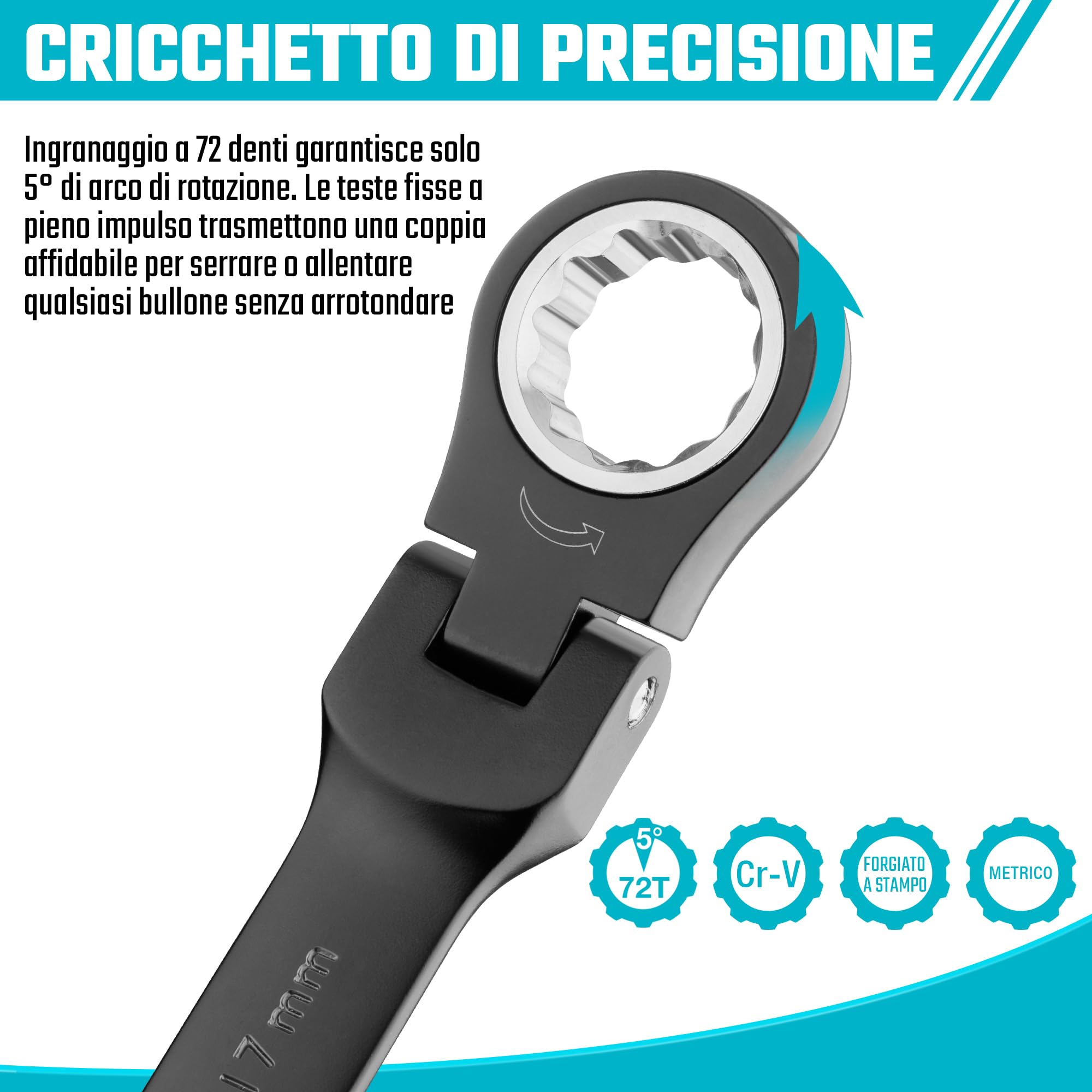 DURATECH Set di chiavi combinate a cricchetto con testa flessibile, 72 denti, metriche, 9 pezzi, 8, 10, 11, 12, 13, 14, 15, 16, 17 mm, rivestimento elettroforetico nero, acciaio CR-V, con custodia