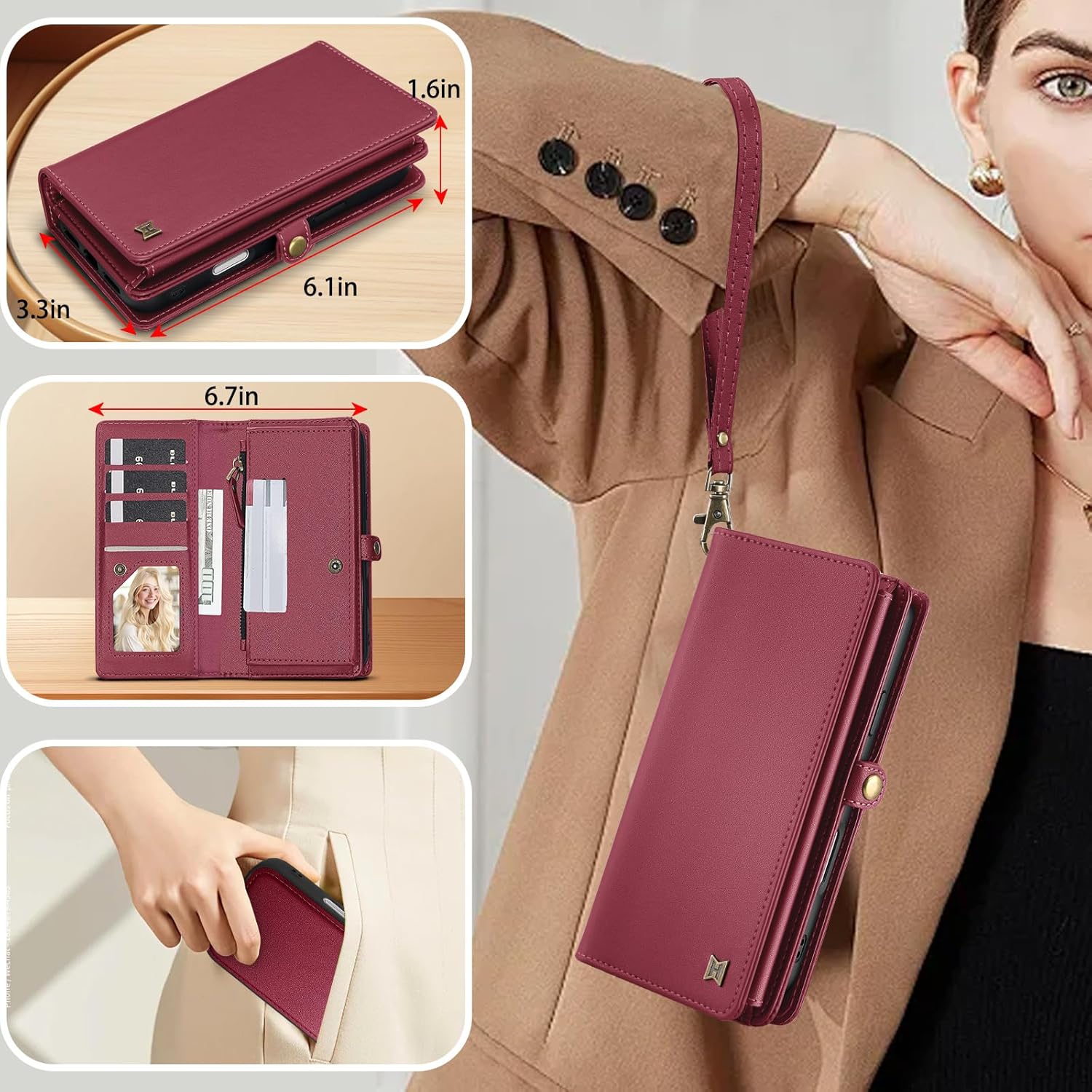 for Wallet Case Compatible with iPhone 12,Multi-Function Detachable 2 in 1 Magnetic iPhone 12 Case Wallet,Flip Strap Zipper Card Holder Phone Case with Shoulder Straps (Red)