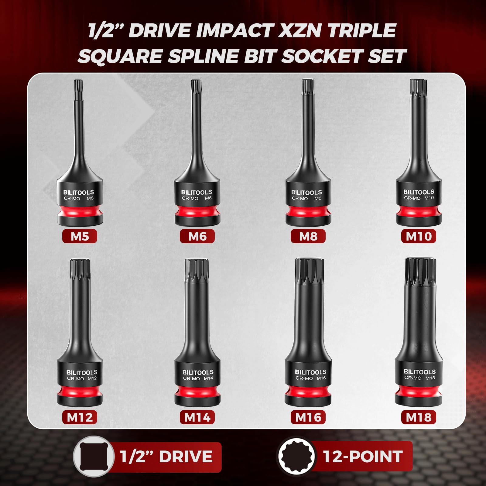 BILITOOLS Impact XZN - Set di 8 chiavi a bussola quadrate triple con attacco da 1/2", M5-M18, acciaio Cr-Mo