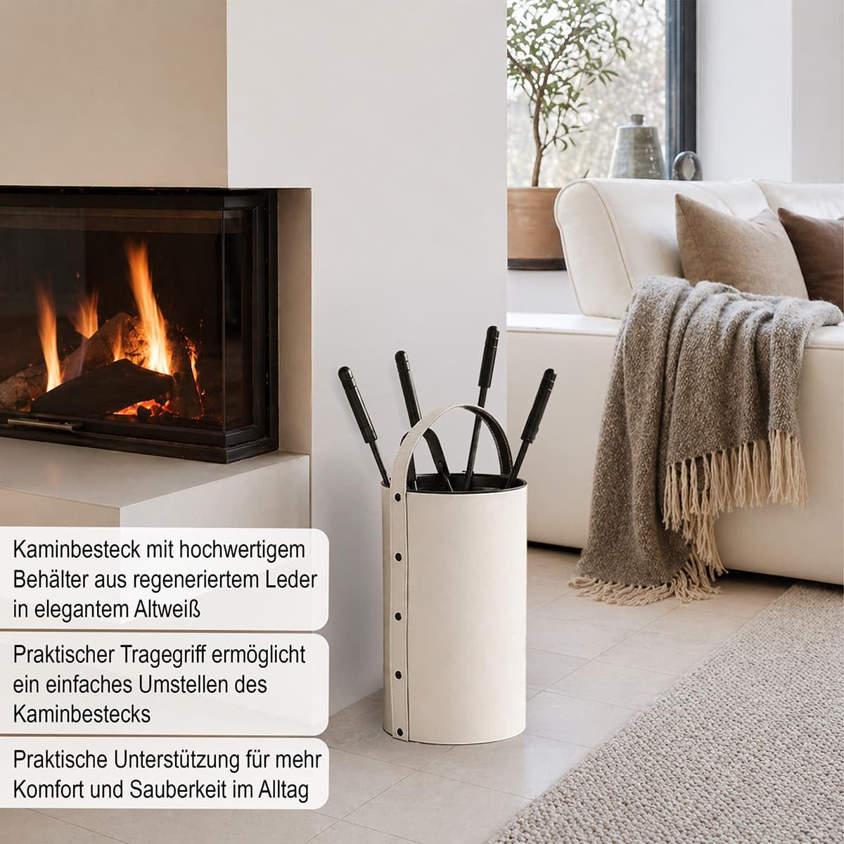 MS Beschläge Kaminbesteck Set 5-tlg mit Besteckbehälter aus Leder Altweiß - moderne Kamingarnitur Kaminwerkzeuge schwarz pulverbeschichtet - elegantes Kamin-Set Ofengarnitur Ofenbesteck mit Tragegriff