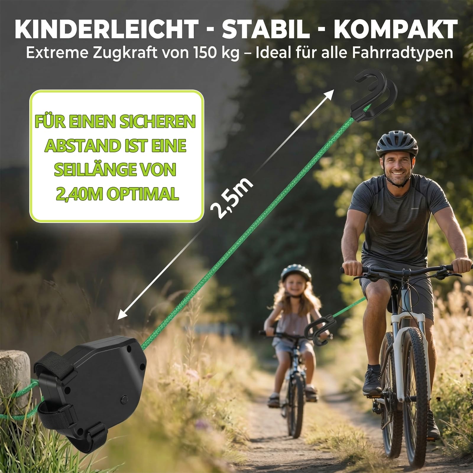 Corda di Traino per Bici da Bambino 2,5 m Portata 225 kg per MTB E-Bike con Moschettone e Custodia